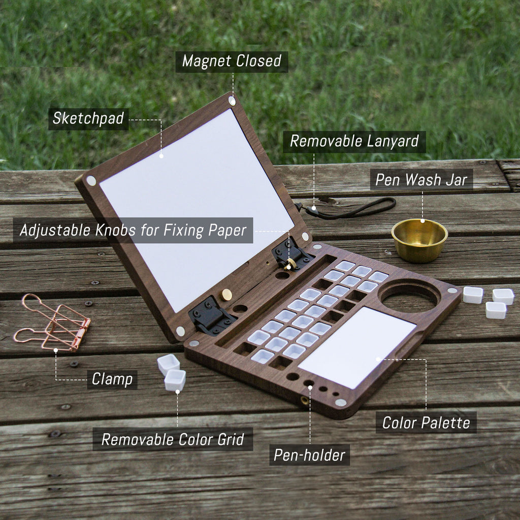 27 Grid Portable Black Walnut Wooden Watercolor Palette, Travel Paint Tray with Mixing Area & Brush Wash Canister, Detachable Grid for Multi-Paint, Brown (No Paint & Stand)