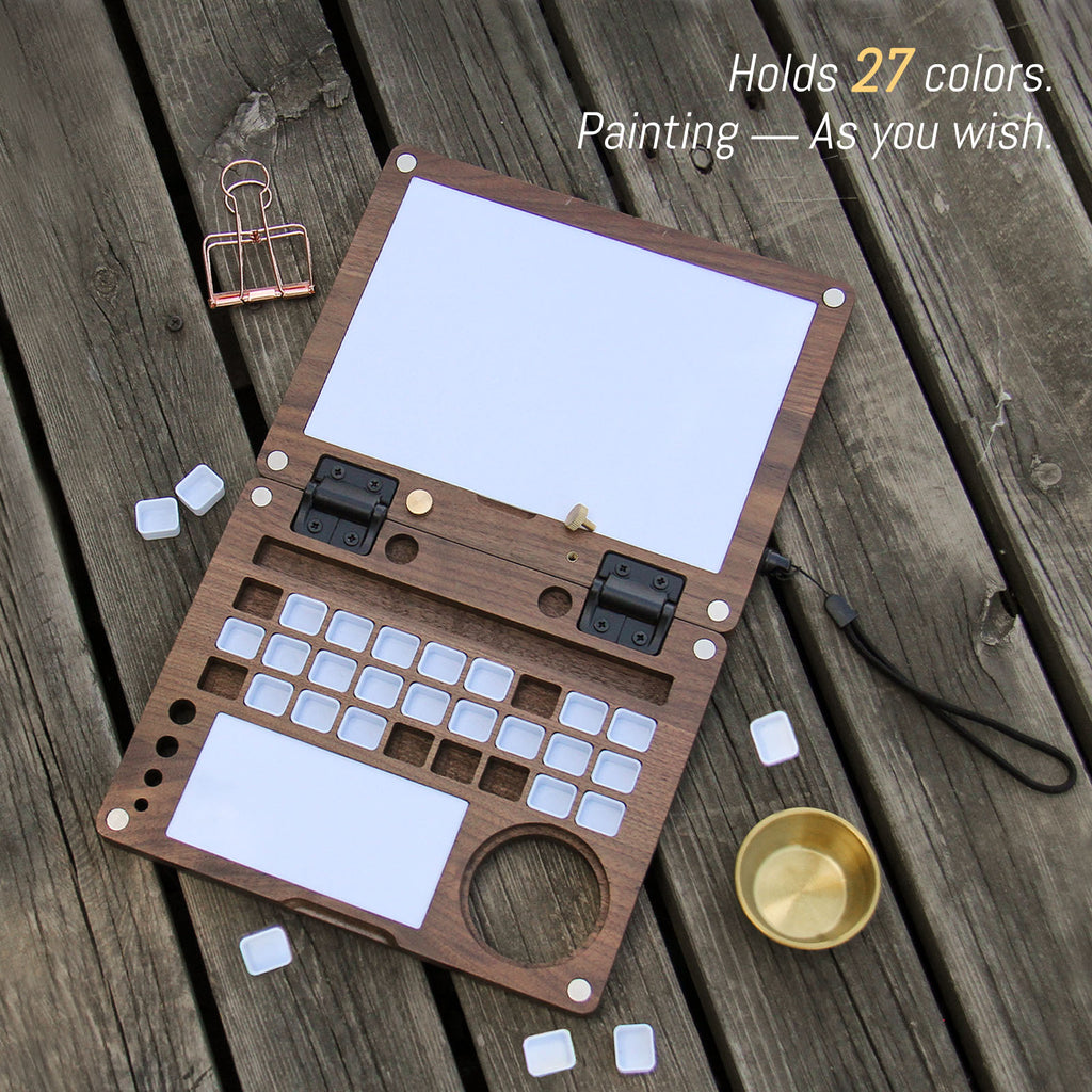 27 Grid Portable Black Walnut Wooden Watercolor Palette, Travel Paint Tray with Mixing Area & Brush Wash Canister, Detachable Grid for Multi-Paint, Brown (No Paint & Stand)