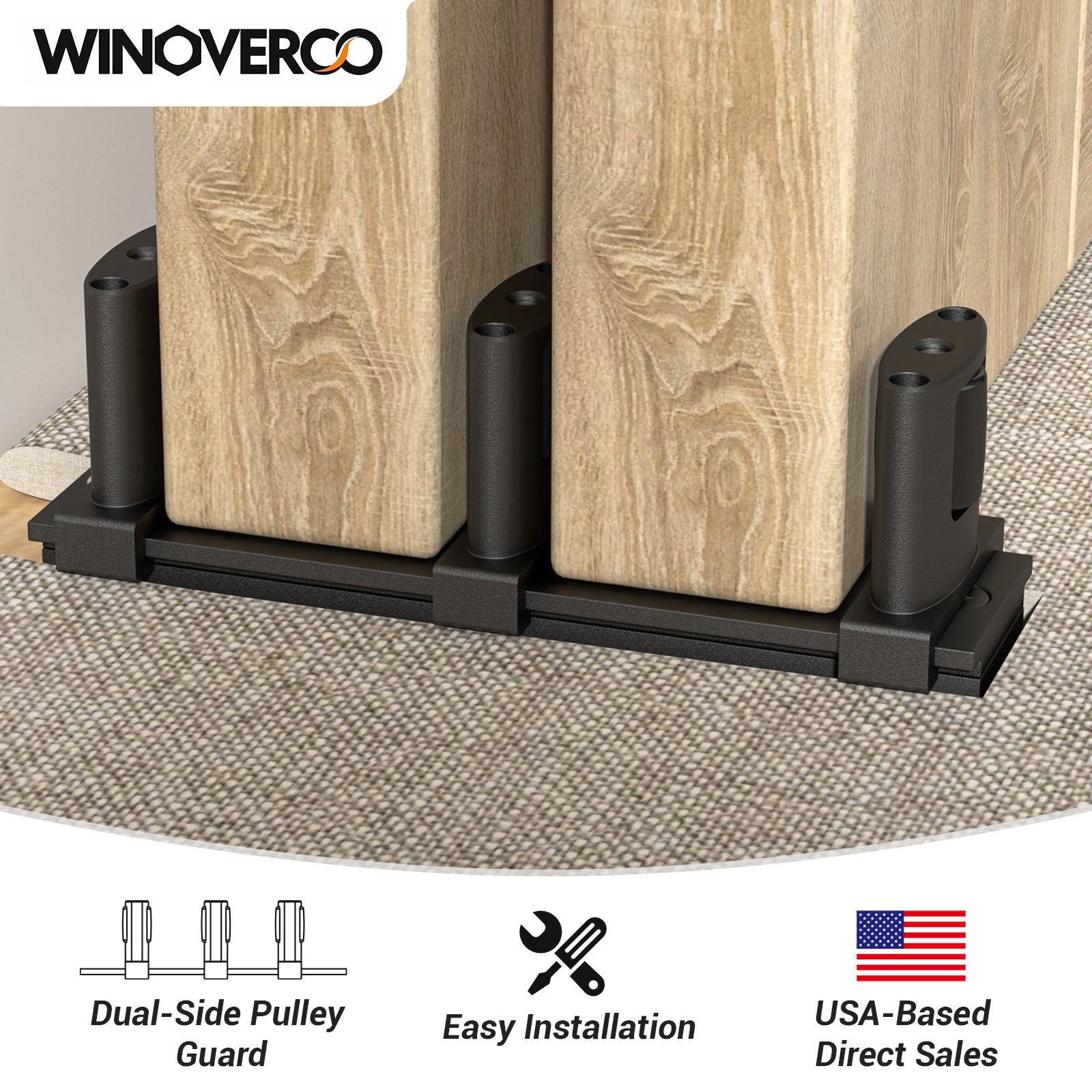 Sliding Closet Door Floor Guide with Riser Plate, Adjustable Bypass Door Guide, Upgraded 3-Roller Design – Black, 1 Pack