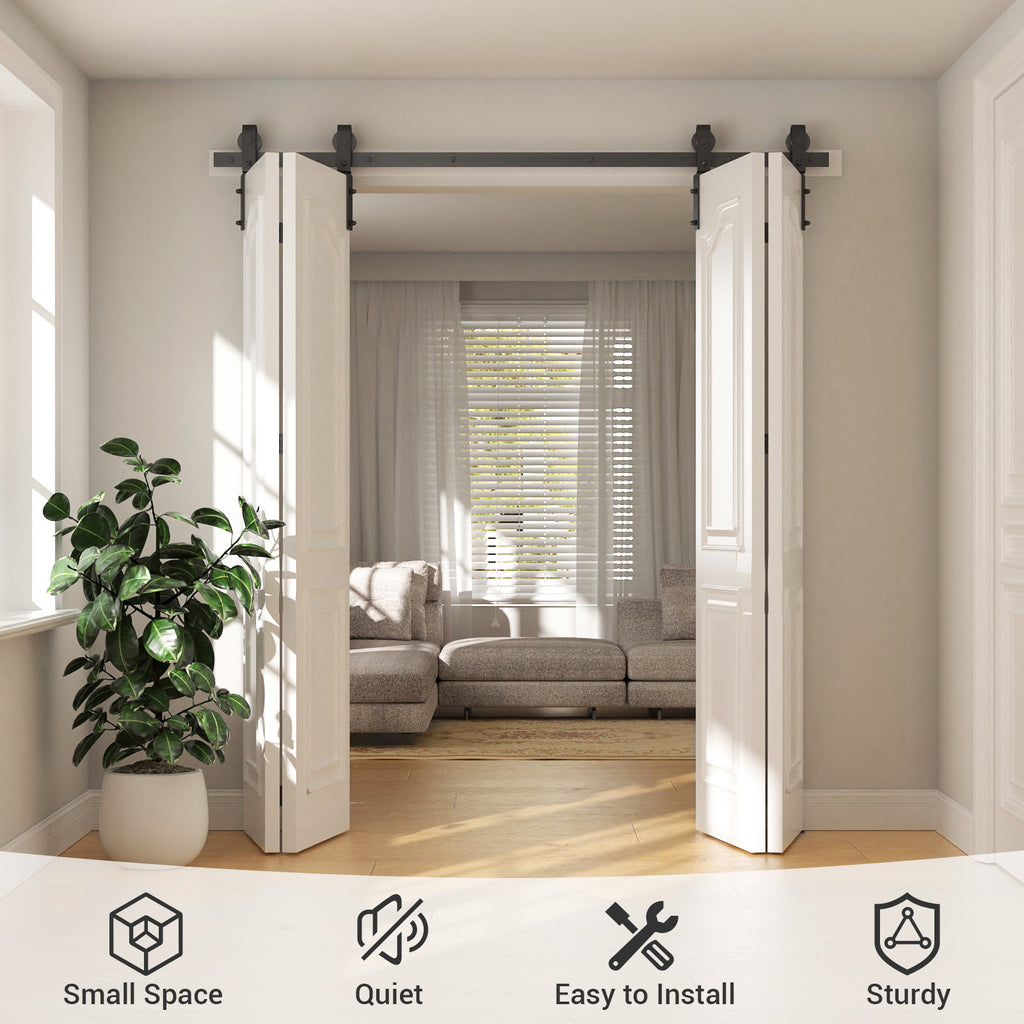 WINOVERCO Bifold Sliding Barn Door Hardware Track Kit,Side Mounted Black J Shape Roller,Smoothly and Quietly,Assembly Easy for 4 Doors(Door Not Included)