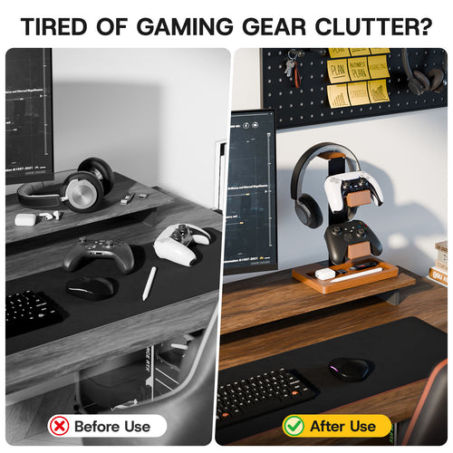Controller Holder Solid Wood Headphone Stand for Desk Dual Gaming Controller Organizer Rack with Storage Base Fits Xbox, PS4, PS5, Gamepad