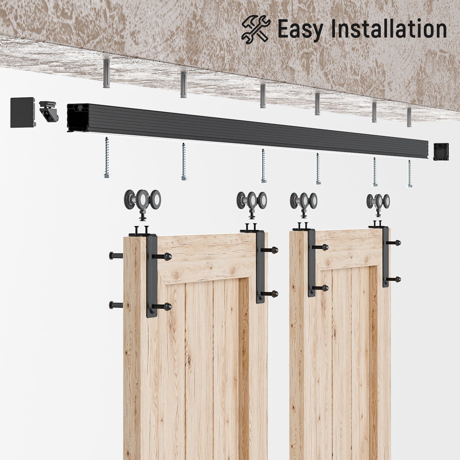 8FT/96'' Ceiling Mount Box Rail Barn Door Hardware Kit,Heavy Duty Aluminium Alloy Sliding Barn Door Track for Indoor/Outdoor,Max 330LBS Load for 1"-1.81" Thick Double Door (No Door)