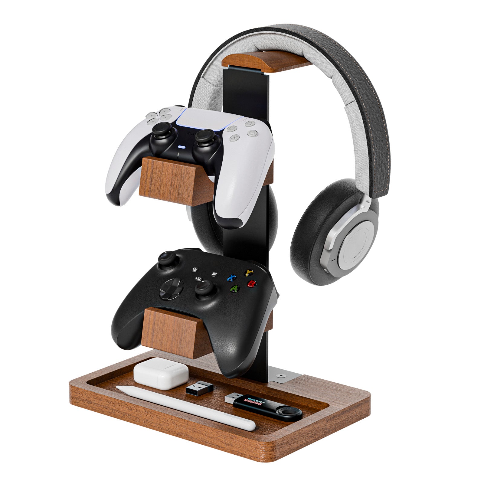 Controller Holder Solid Wood Headphone Stand for Desk Dual Gaming Controller Organizer Rack with Storage Base Fits Xbox, PS4, PS5, Gamepad