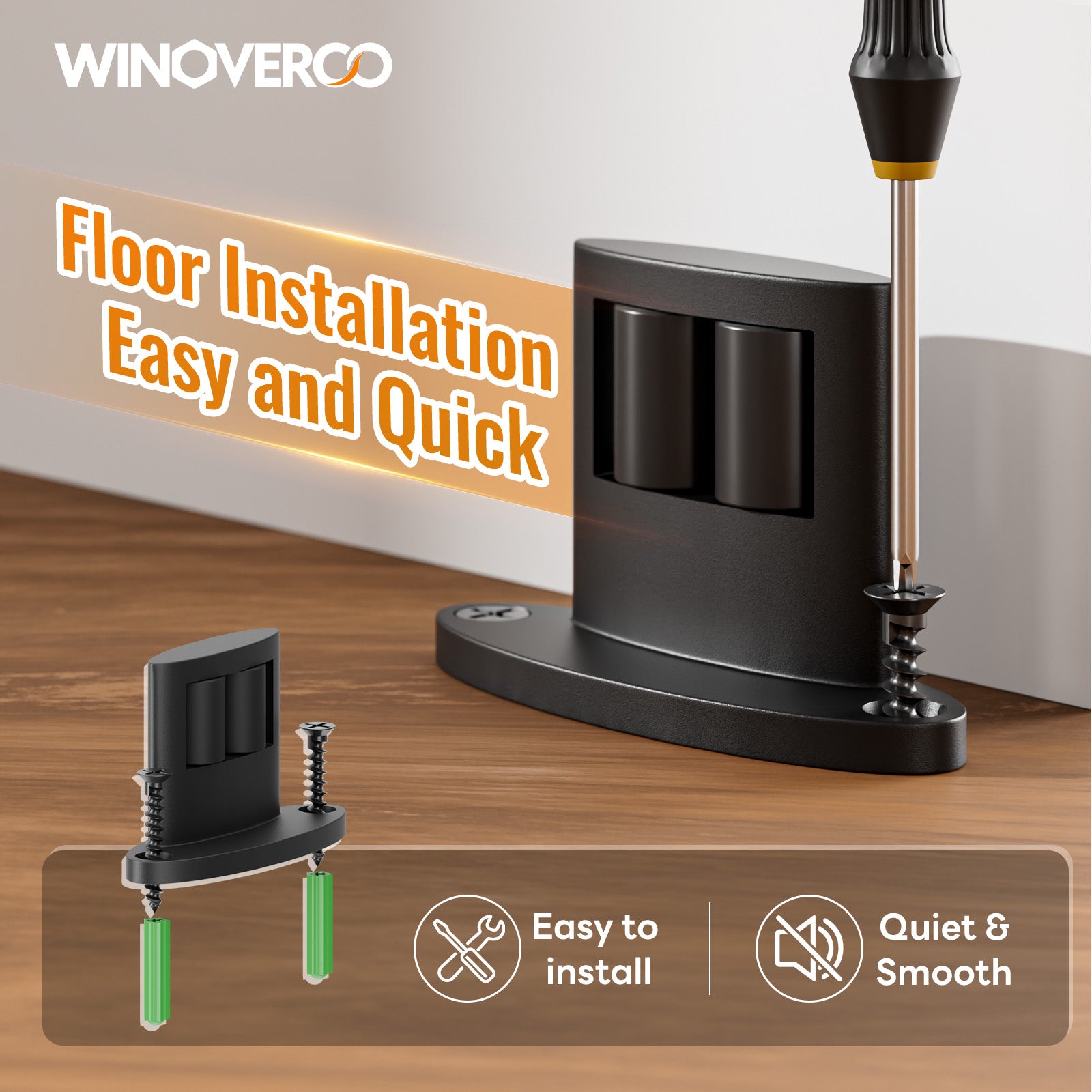 WINOVERCO 4Pack Sliding Barn Door Bottom Floor Guide,Double-Sided Roller Design,Smoothly and Quietly, Aluminum Alloy,Floor Mounted, Black