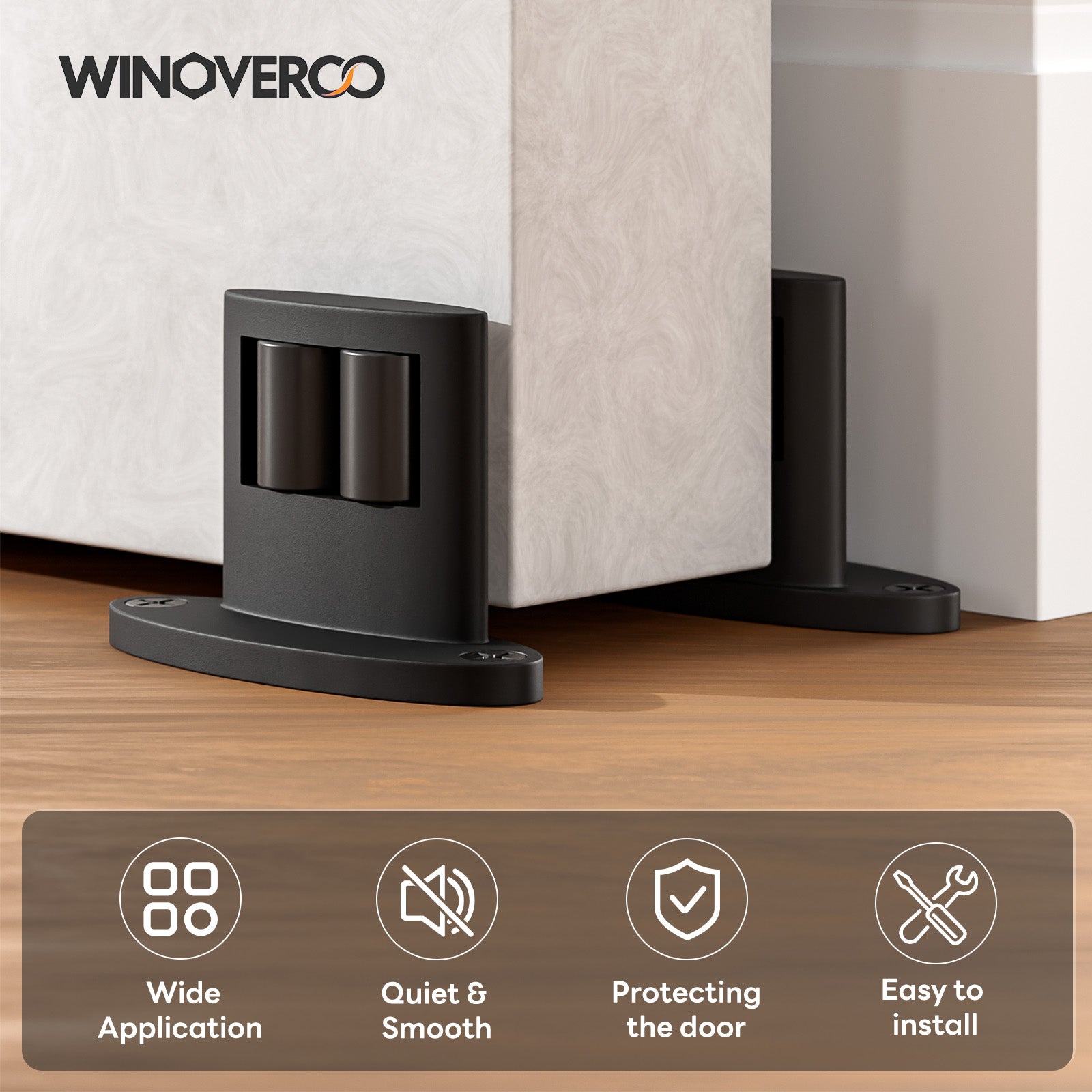 WINOVERCO 4Pack Sliding Barn Door Bottom Floor Guide,Double-Sided Roller Design,Smoothly and Quietly, Aluminum Alloy,Floor Mounted, Black