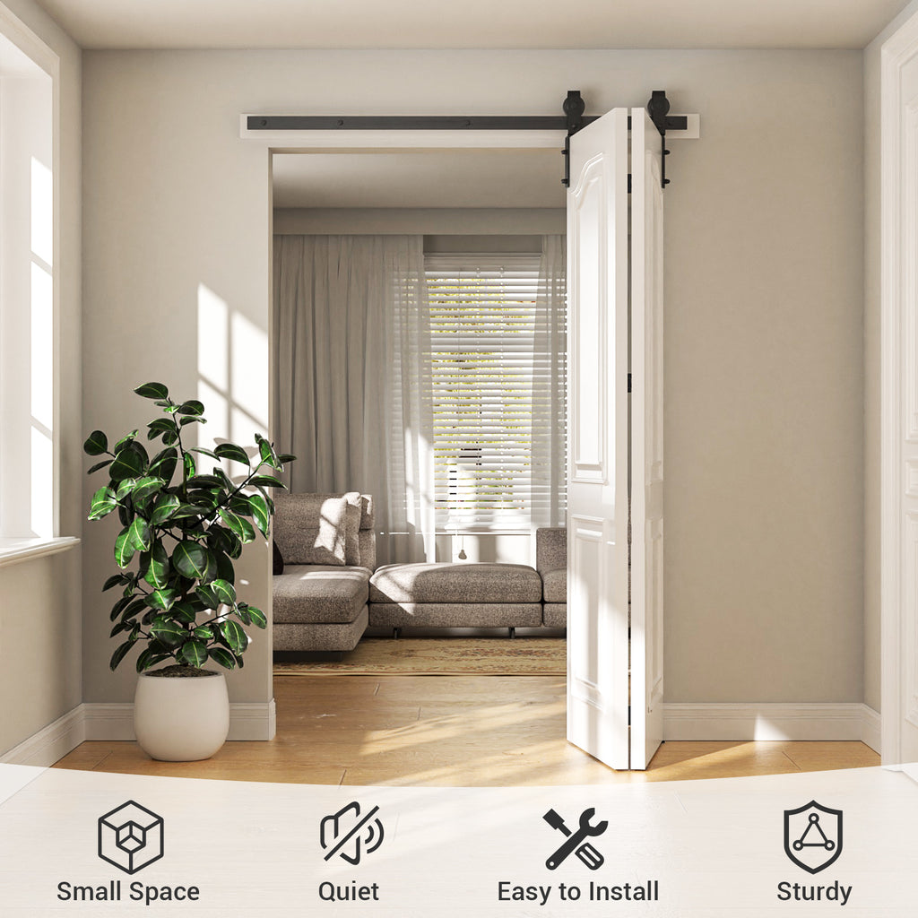 WINOVERCO Bifold Sliding Barn Door Hardware Track Kit,Side Mounted Black J Shape Roller,Smoothly and Quietly,Assembly Easy(Door Not Included)