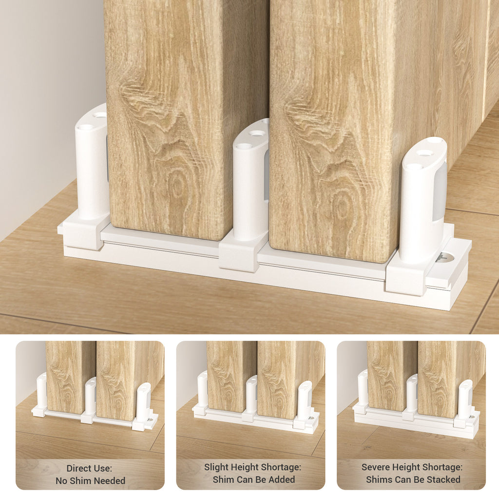 Sliding Closet Door Floor Guide with Riser Plate, Adjustable Bypass Door Guide, Upgraded 3-Roller Design – White, 1 Pack
