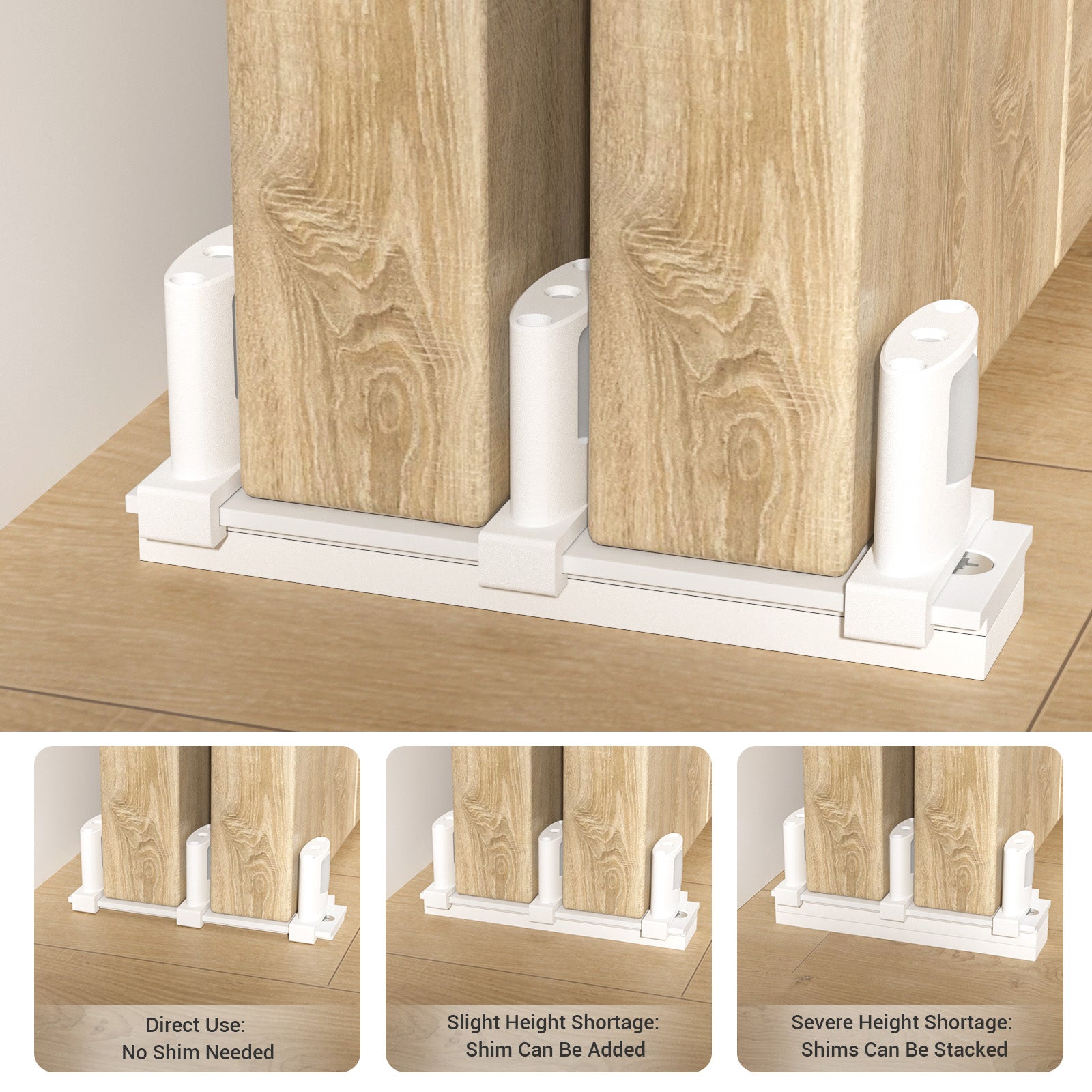 Sliding Closet Door Floor Guide with Riser Plate, Adjustable Bypass Door Guide, Upgraded 3-Roller Design – White, 1 Pack