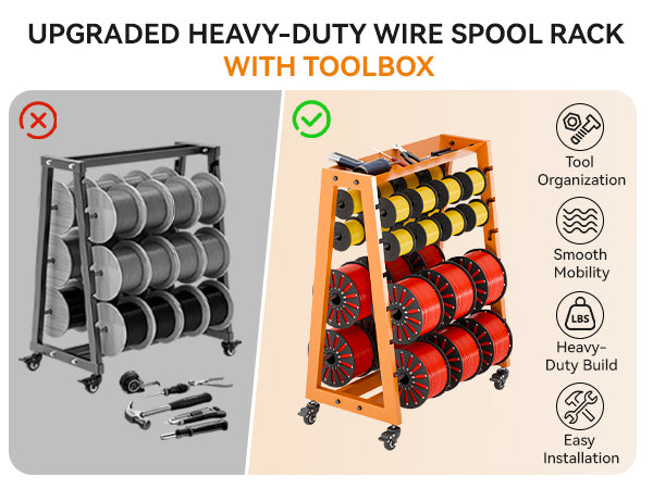 Wire Spool Rack with Tool Box, Heavy Duty 8-Rod Adjustable Cable Dispenser with Locking Wheels, 400LB Capacity Wire Holder Organizer for Electrical, Industrial and Retail Use