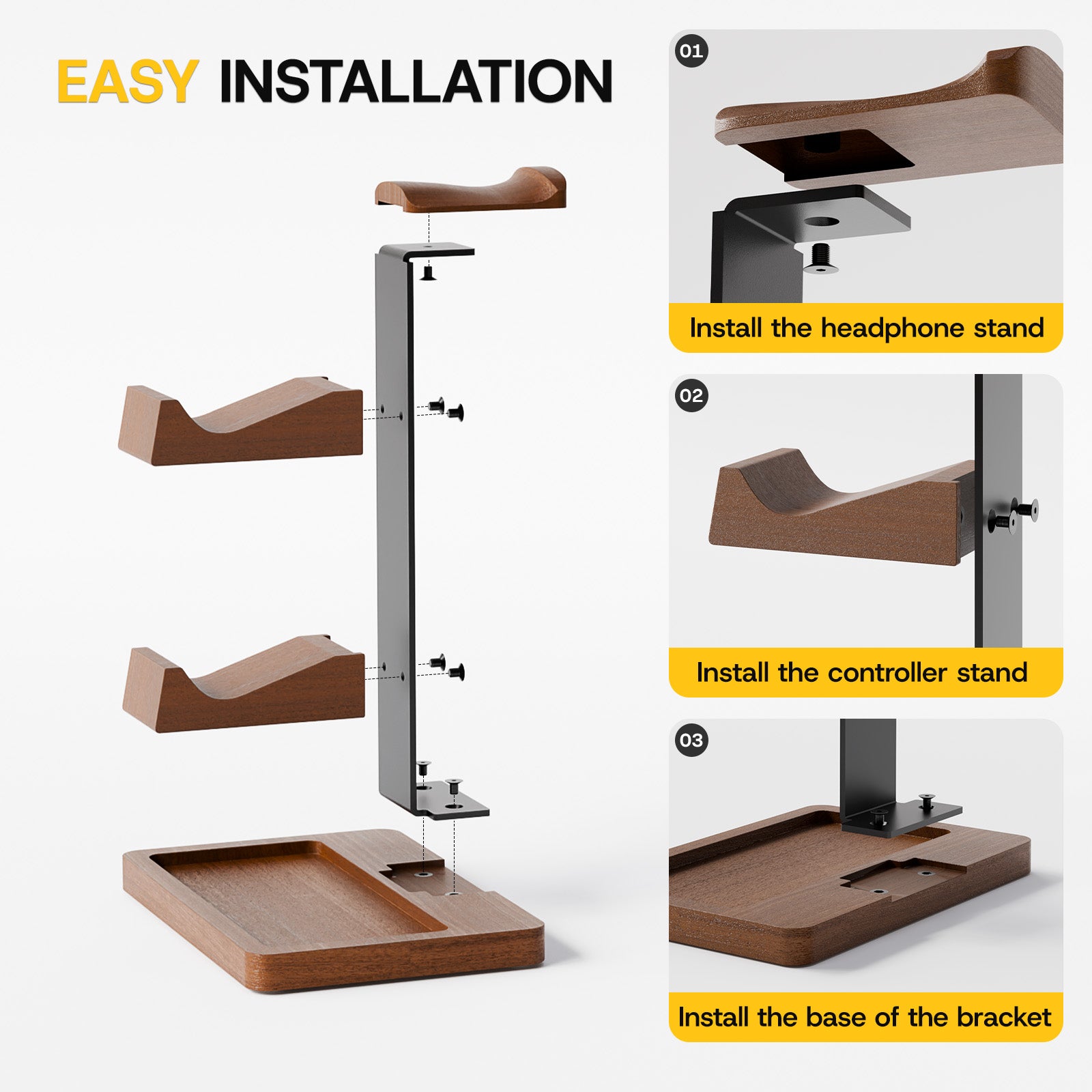 Controller Holder Solid Wood Headphone Stand for Desk Dual Gaming Controller Organizer Rack with Storage Base Fits Xbox, PS4, PS5, Gamepad