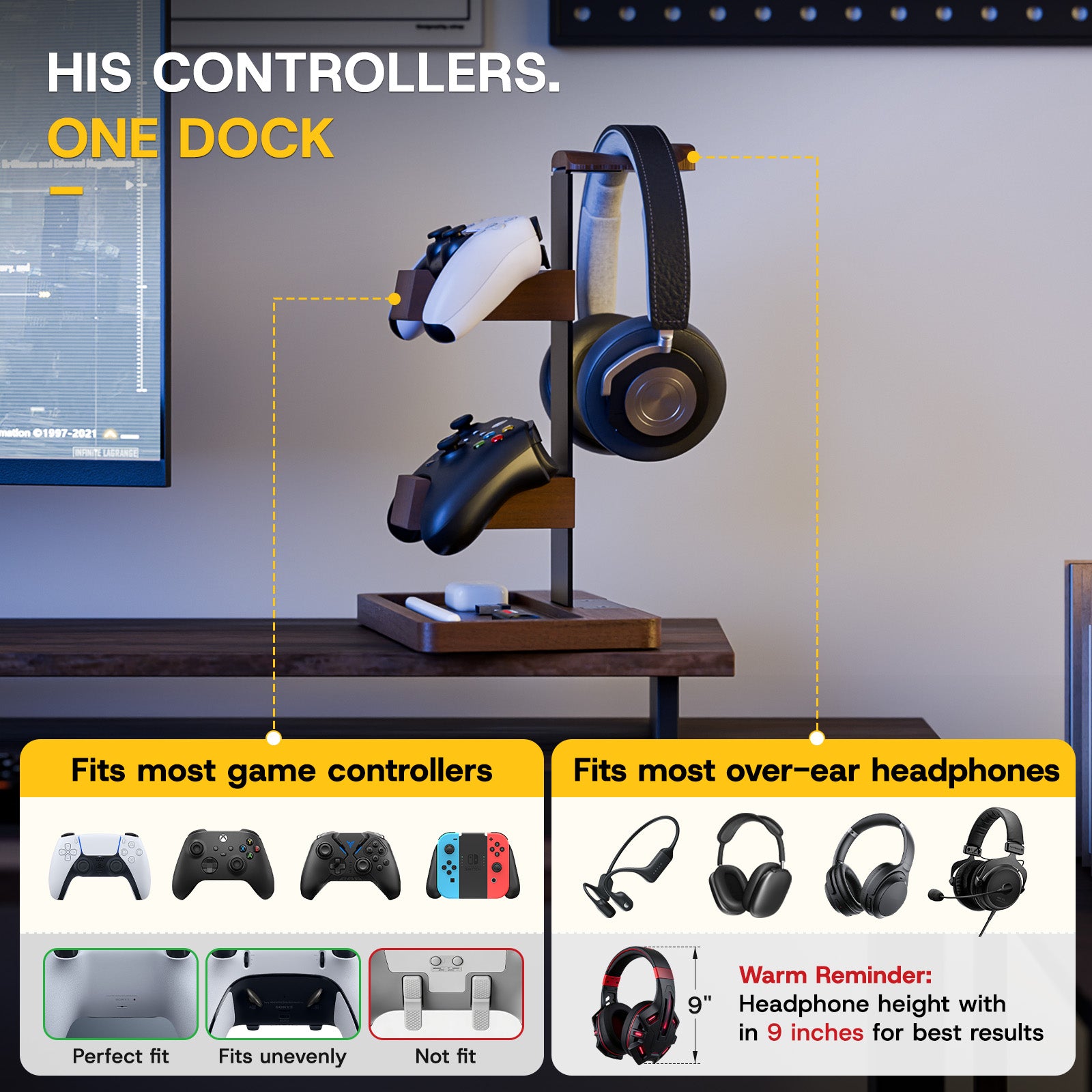 Controller Holder Solid Wood Headphone Stand for Desk Dual Gaming Controller Organizer Rack with Storage Base Fits Xbox, PS4, PS5, Gamepad