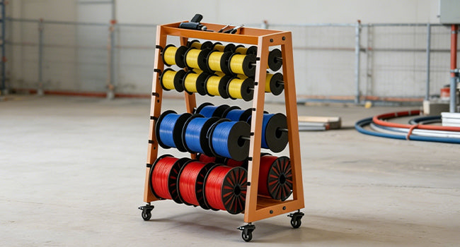 Wire Spool Rack with Tool Box, Heavy Duty 8-Rod Adjustable Cable Dispenser with Locking Wheels, 400LB Capacity Wire Holder Organizer for Electrical, Industrial and Retail Use
