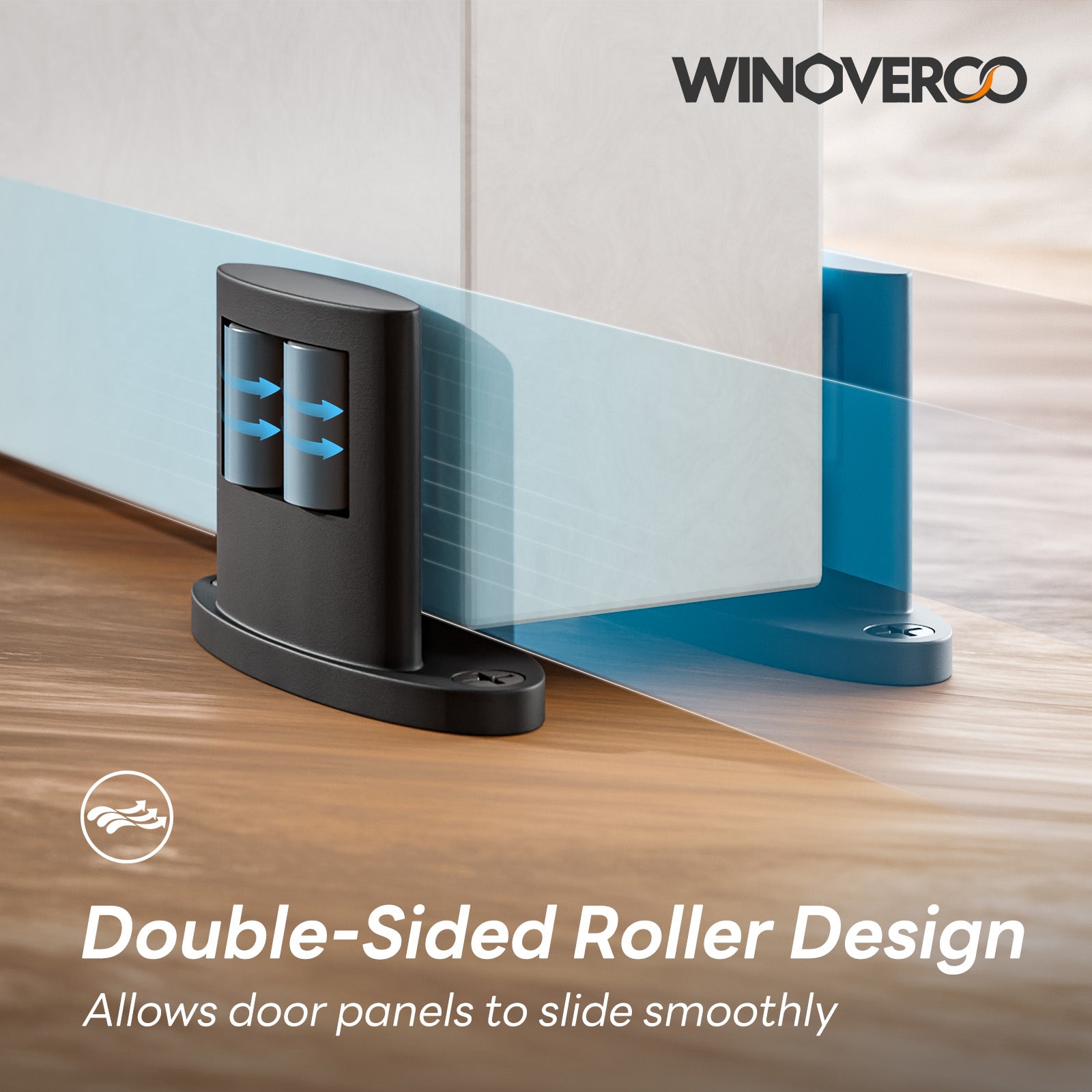 WINOVERCO 4Pack Sliding Barn Door Bottom Floor Guide,Double-Sided Roller Design,Smoothly and Quietly, Aluminum Alloy,Floor Mounted, Black