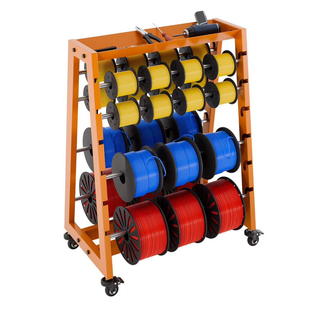 Wire Spool Rack with Tool Box, Heavy Duty 8-Rod Adjustable Cable Dispenser with Locking Wheels, 400LB Capacity Wire Holder Organizer for Electrical, Industrial and Retail Use