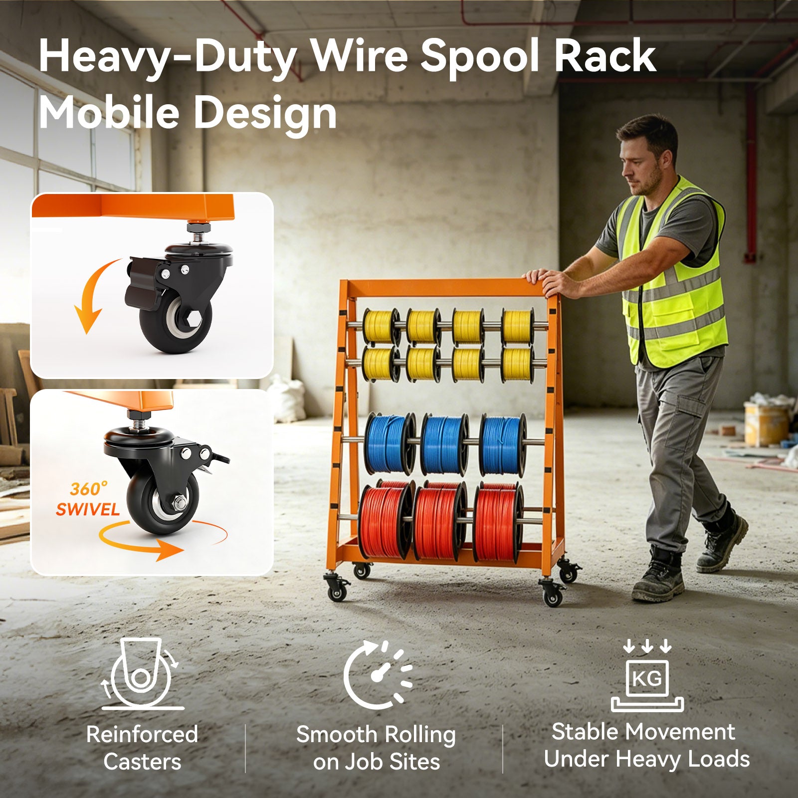 Wire Spool Rack with Tool Box, Heavy Duty 8-Rod Adjustable Cable Dispenser with Locking Wheels, 400LB Capacity Wire Holder Organizer for Electrical, Industrial and Retail Use