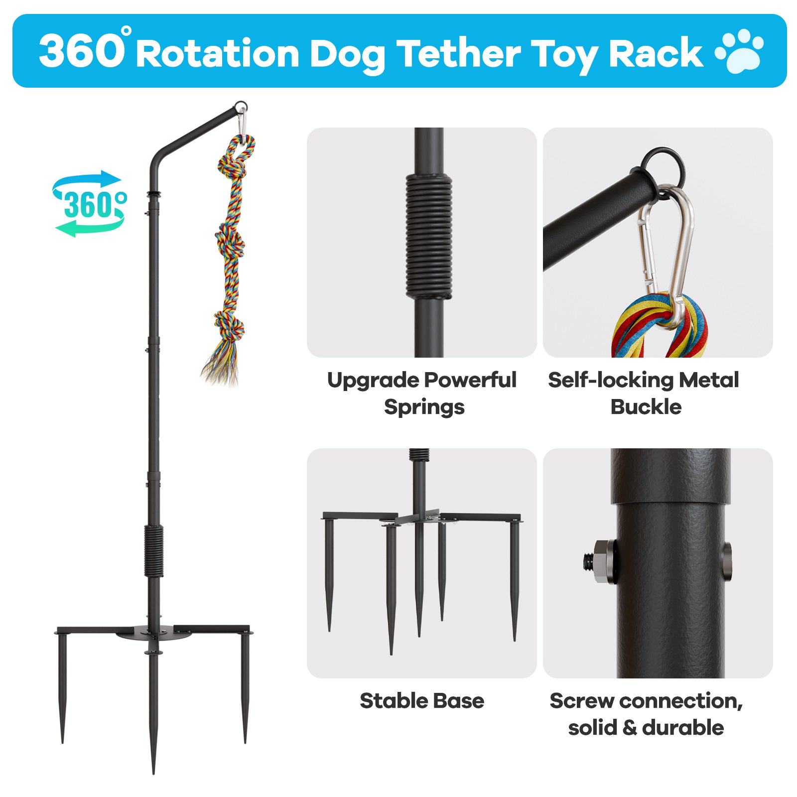 Outdoor Tug of War Dog Toy with Strengthen Spring Pole, Sturdy & Durable, Adjustable Height for Large, Medium & Small Dogs;3 Kinds Dog Tug of War Toys for Self-Play & Interactive in Park, Yard & Lawn