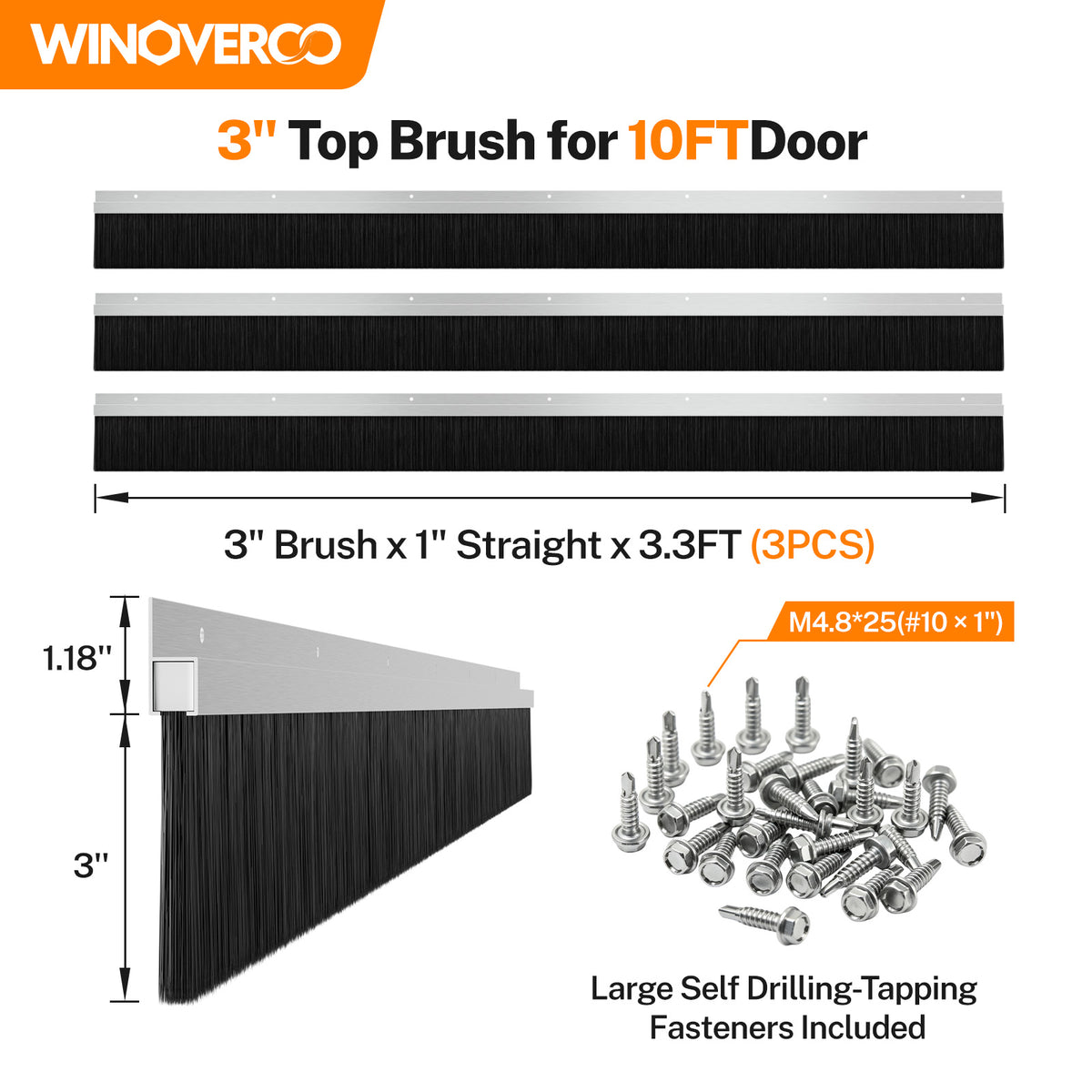 WINOVERCO 3" Roll Up Garage Door Brush Seal for Top