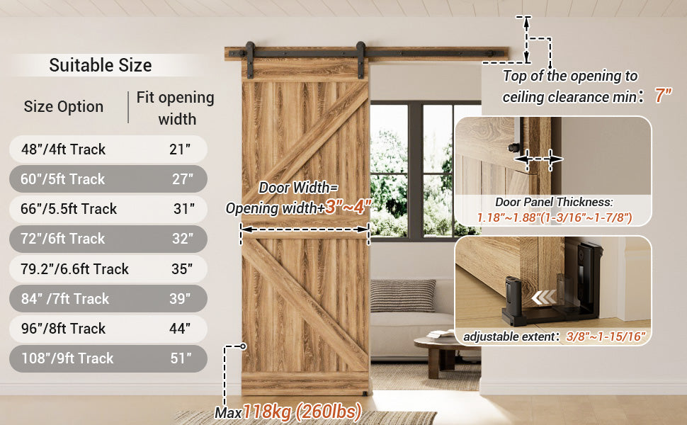 WINOVERCO Sliding Barn Door Hardware Kit with Adjustable U Shape Barn Door Floor Guide, Wall Mount Rail, Splicing Track Kit (Door not Included)