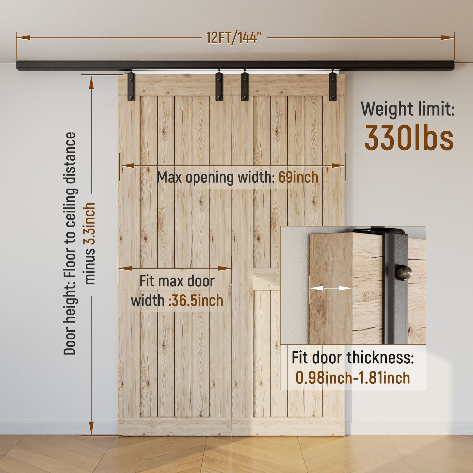 8FT/96'' Ceiling Mount Box Rail Barn Door Hardware Kit,Heavy Duty Aluminium Alloy Sliding Barn Door Track for Indoor/Outdoor,Max 330LBS Load for 1"-1.81" Thick Double Door (No Door)