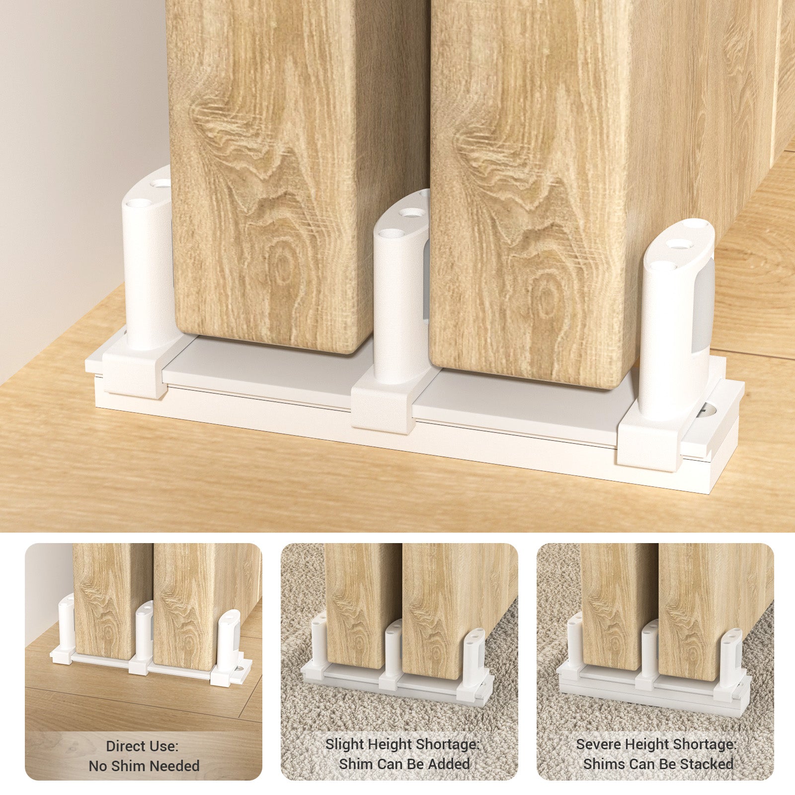 Sliding Closet Door Floor Guide with Riser Plate, Adjustable Bypass Door Guide, Upgraded 3-Roller Design – White, 1 Pack