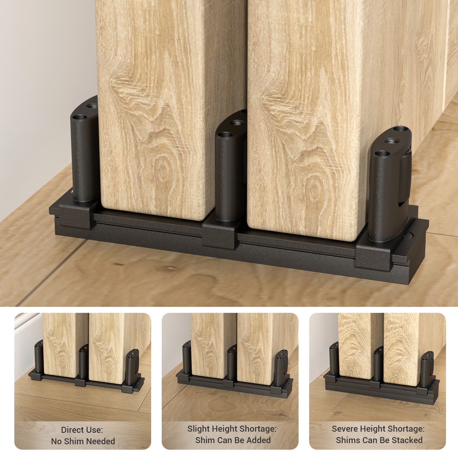 Sliding Closet Door Floor Guide with Riser Plate, Adjustable Bypass Door Guide, Upgraded 3-Roller Design – Black, 1 Pack