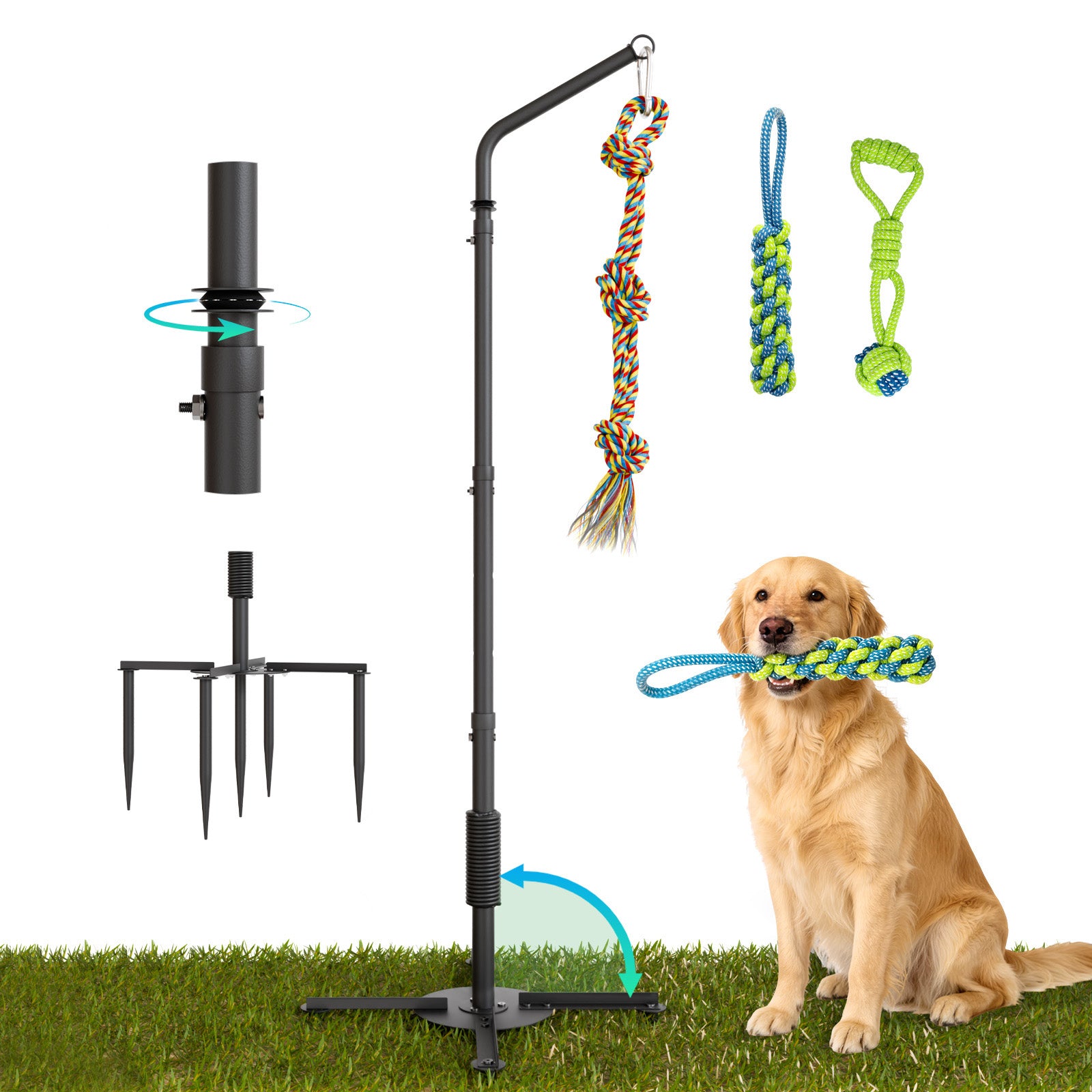 Outdoor Tug of War Dog Toy with Strengthen Spring Pole, Sturdy & Durable, Adjustable Height for Large, Medium & Small Dogs;3 Kinds Dog Tug of War Toys for Self-Play & Interactive in Park, Yard & Lawn