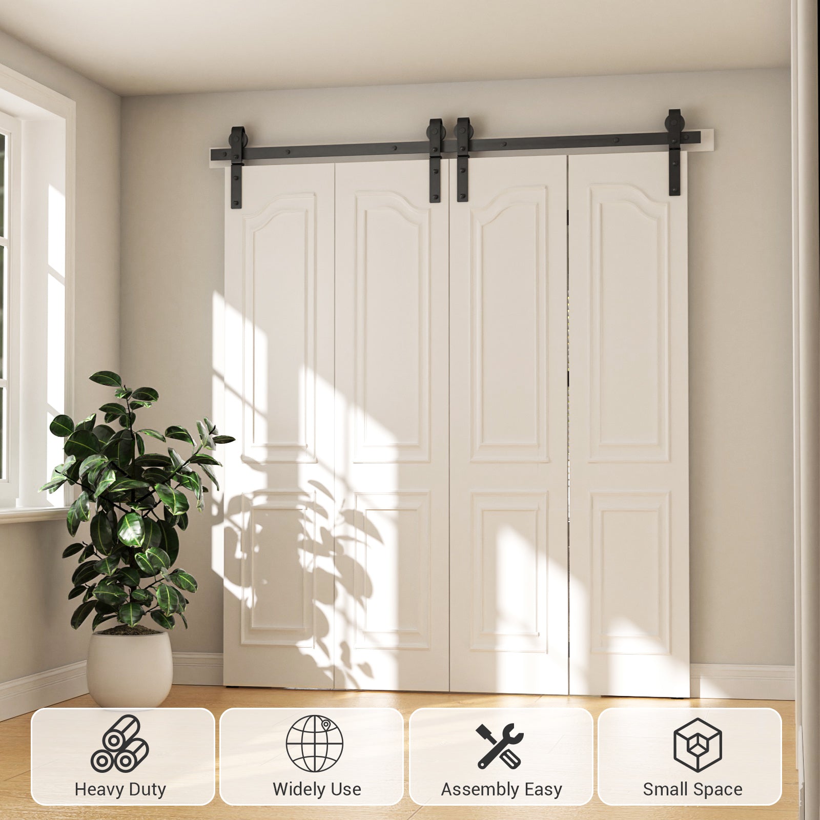 WINOVERCO Bifold Sliding Barn Door Hardware Track Kit,Side Mounted Black J Shape Roller,Smoothly and Quietly,Assembly Easy for 4 Doors(Door Not Included)