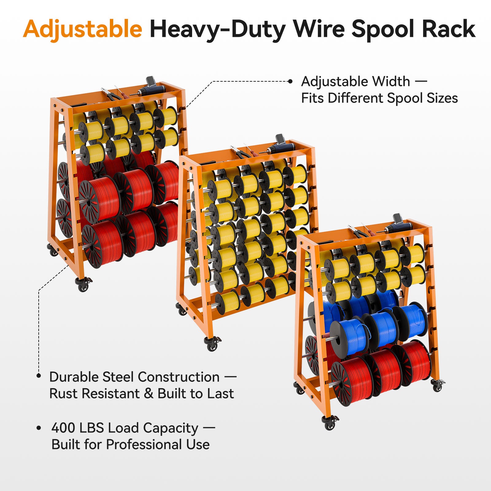 Wire Spool Rack with Tool Box, Heavy Duty 8-Rod Adjustable Cable Dispenser with Locking Wheels, 400LB Capacity Wire Holder Organizer for Electrical, Industrial and Retail Use