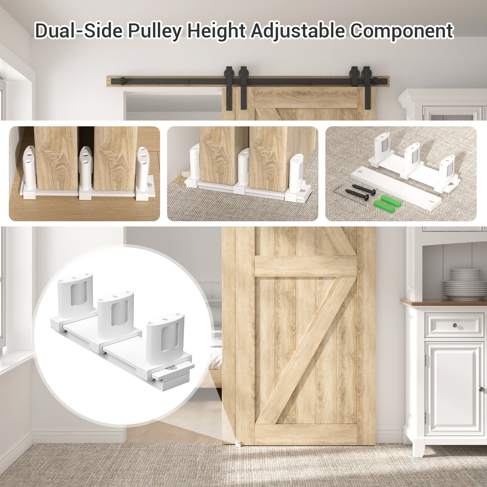 Sliding Closet Door Floor Guide with Riser Plate, Adjustable Bypass Door Guide, Upgraded 3-Roller Design – White, 1 Pack