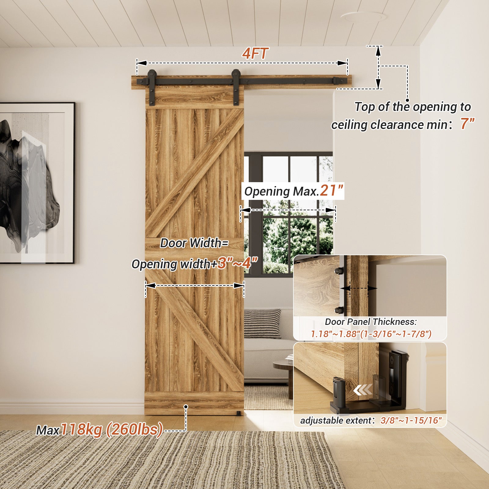 WINOVERCO Sliding Barn Door Hardware Kit with Adjustable U Shape Barn Door Floor Guide, Wall Mount Rail, Splicing Track Kit (Door not Included)