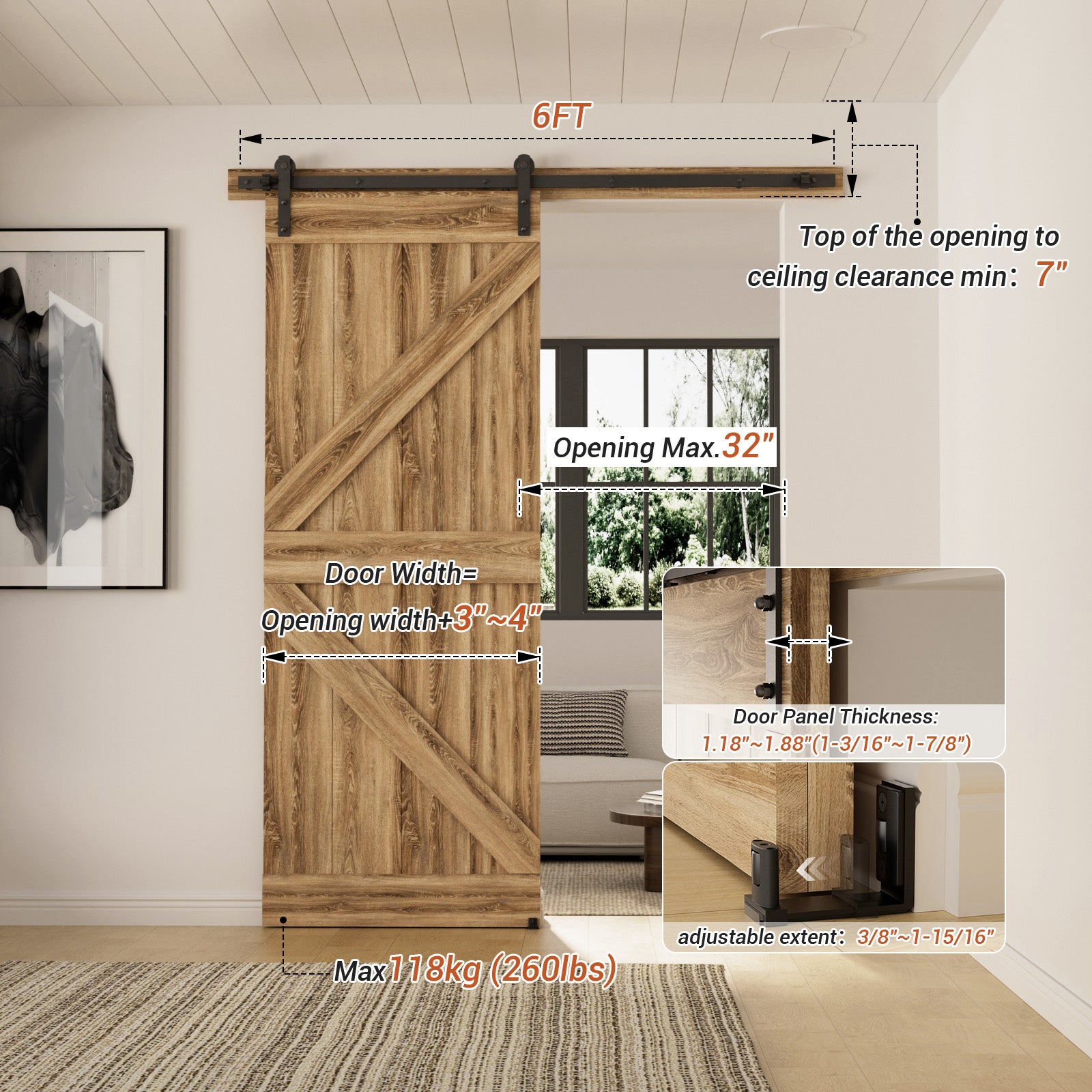WINOVERCO Sliding Barn Door Hardware Kit with Adjustable U Shape Barn Door Floor Guide, Wall Mount Rail, Splicing Track Kit (Door not Included)