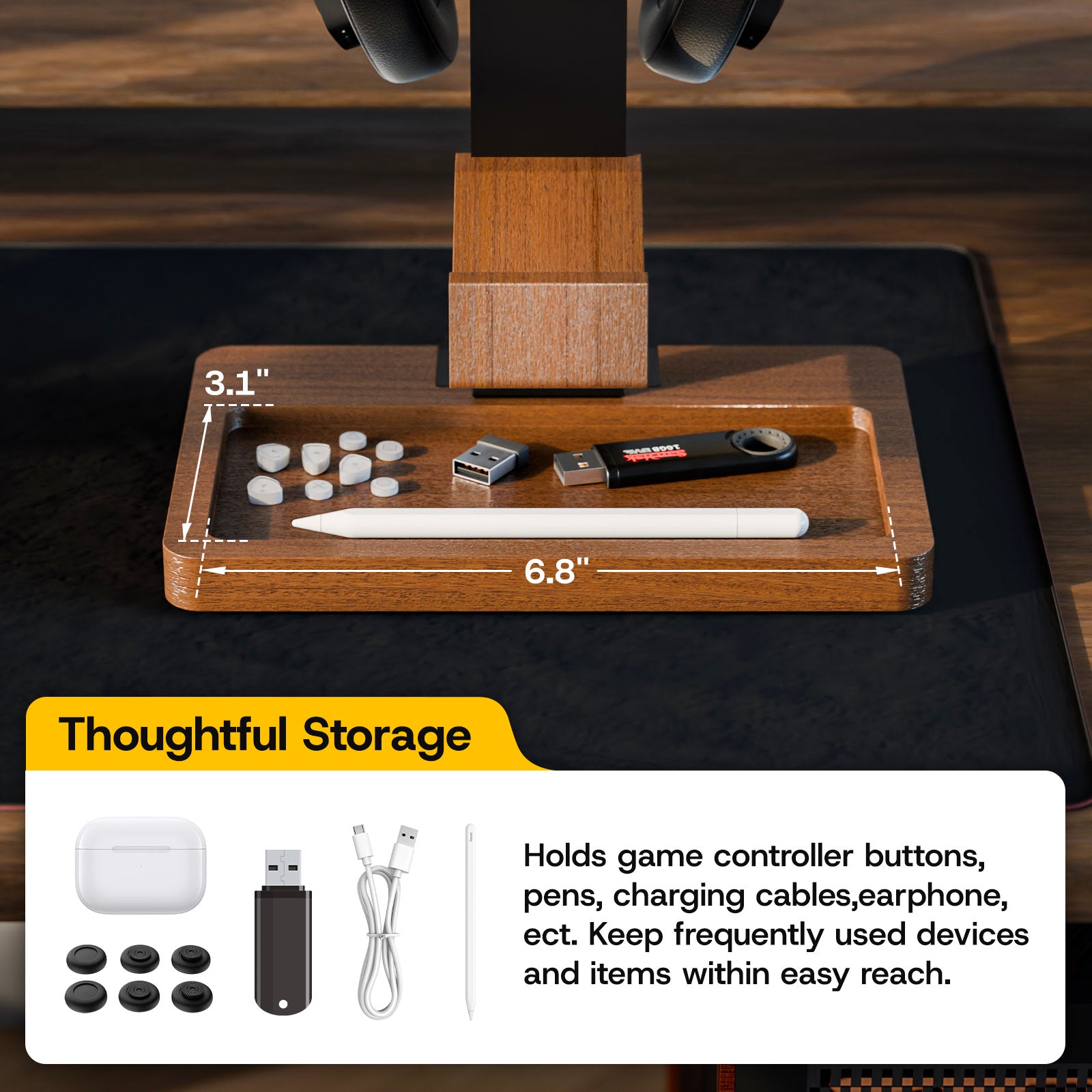 Controller Holder Solid Wood Headphone Stand for Desk Dual Gaming Controller Organizer Rack with Storage Base Fits Xbox, PS4, PS5, Gamepad