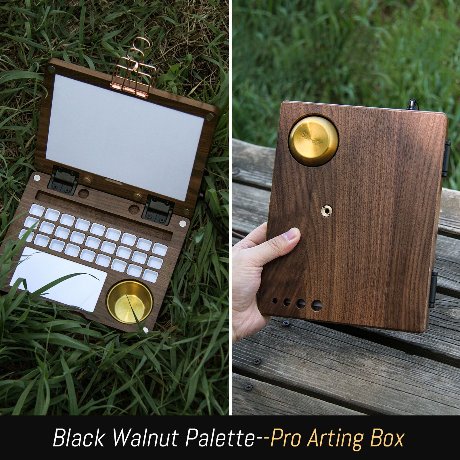 27 Grid Portable Black Walnut Wooden Watercolor Palette, Travel Paint Tray with Mixing Area & Brush Wash Canister, Detachable Grid for Multi-Paint, Brown (No Paint & Stand)