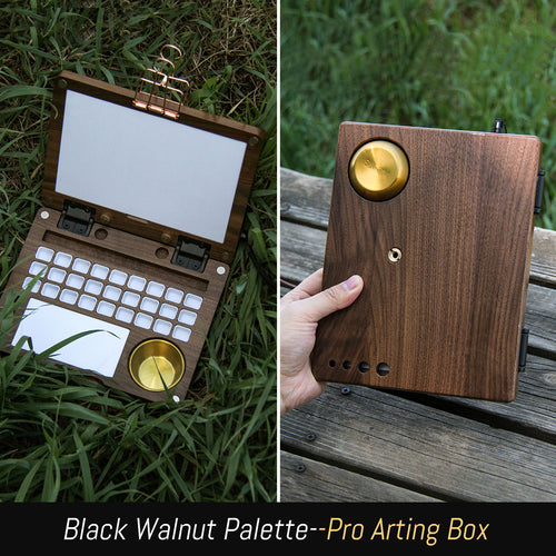27 Grid Portable Black Walnut Wooden Watercolor Palette, Travel Paint Tray with Mixing Area & Brush Wash Canister, Detachable Grid for Multi-Paint, Brown (No Paint & Stand)