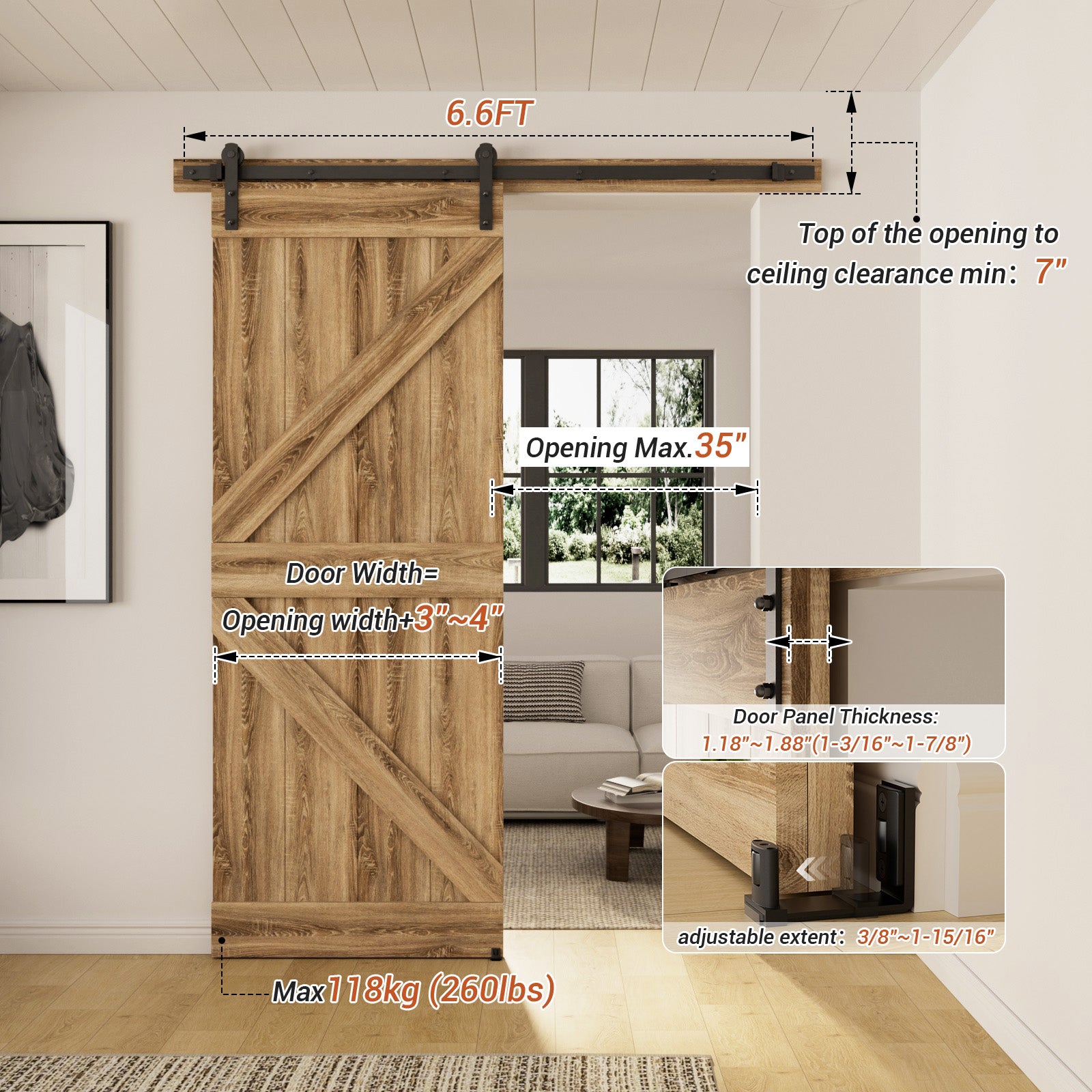 WINOVERCO Sliding Barn Door Hardware Kit with Adjustable U Shape Barn Door Floor Guide, Wall Mount Rail, Splicing Track Kit (Door not Included)