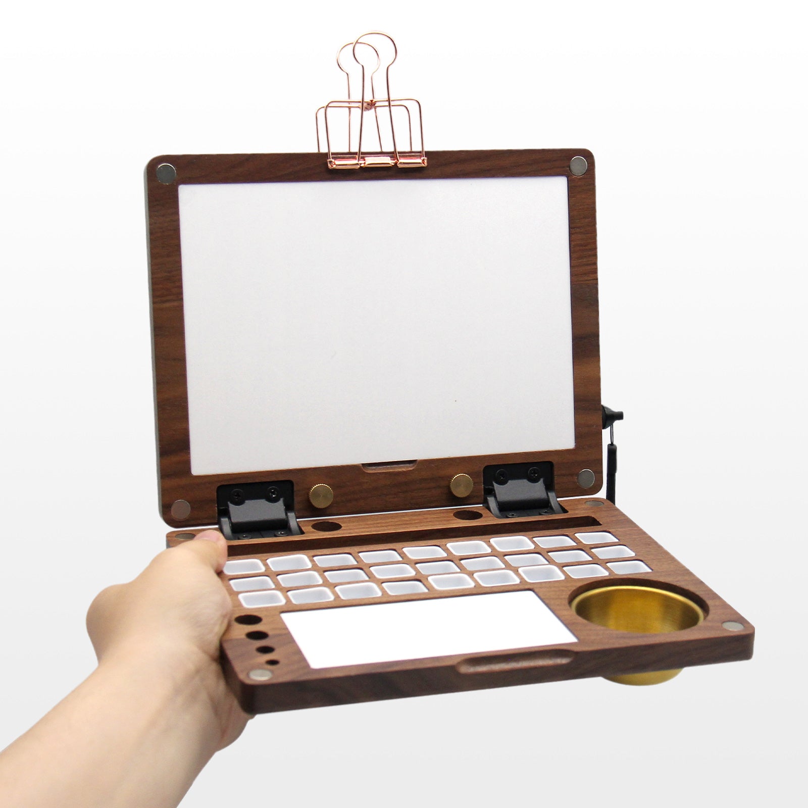 27 Grid Portable Black Walnut Wooden Watercolor Palette, Travel Paint Tray with Mixing Area & Brush Wash Canister, Detachable Grid for Multi-Paint, Brown (No Paint & Stand)