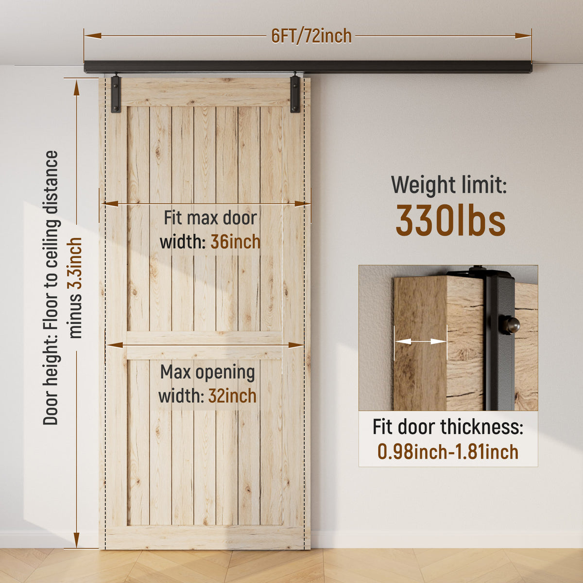 6FT/72'' Ceiling Mount Box Rail Barn Door Hardware Kit,Heavy Duty Aluminium Alloy Sliding Barn Door Track for Indoor/Outdoor,Max 330LBS Load for 1"-1.81" Thick Single Door (No Door)