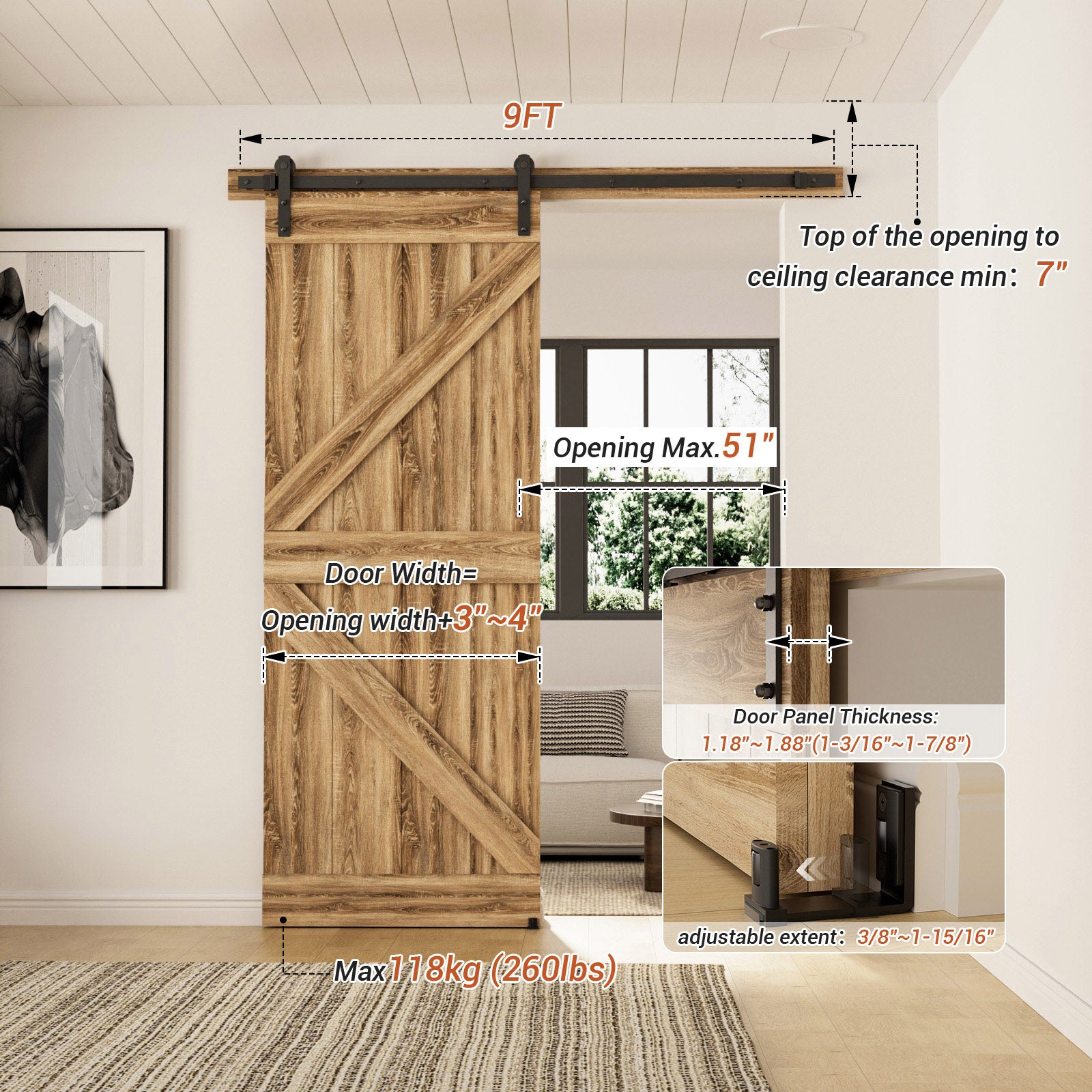 WINOVERCO Sliding Barn Door Hardware Kit with Adjustable U Shape Barn Door Floor Guide, Wall Mount Rail, Splicing Track Kit (Door not Included)