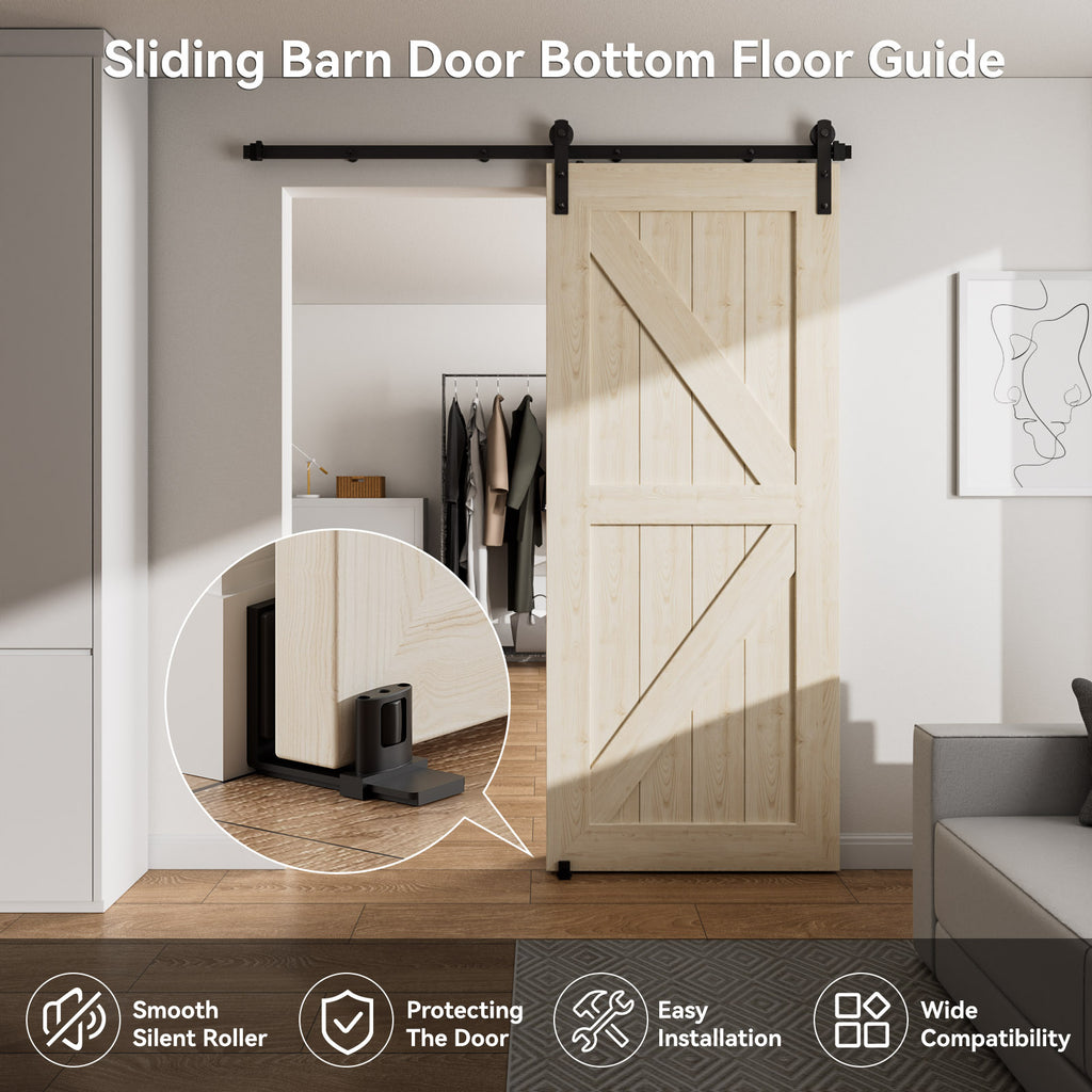 Adjustable Wall Mounted Sliding Barn Door Bottom Floor Guide,Nylon Rollers Smoothly and Quietly, U-Shaped Flat Bottom Design,Easy to Install,Black, 1 Pcs