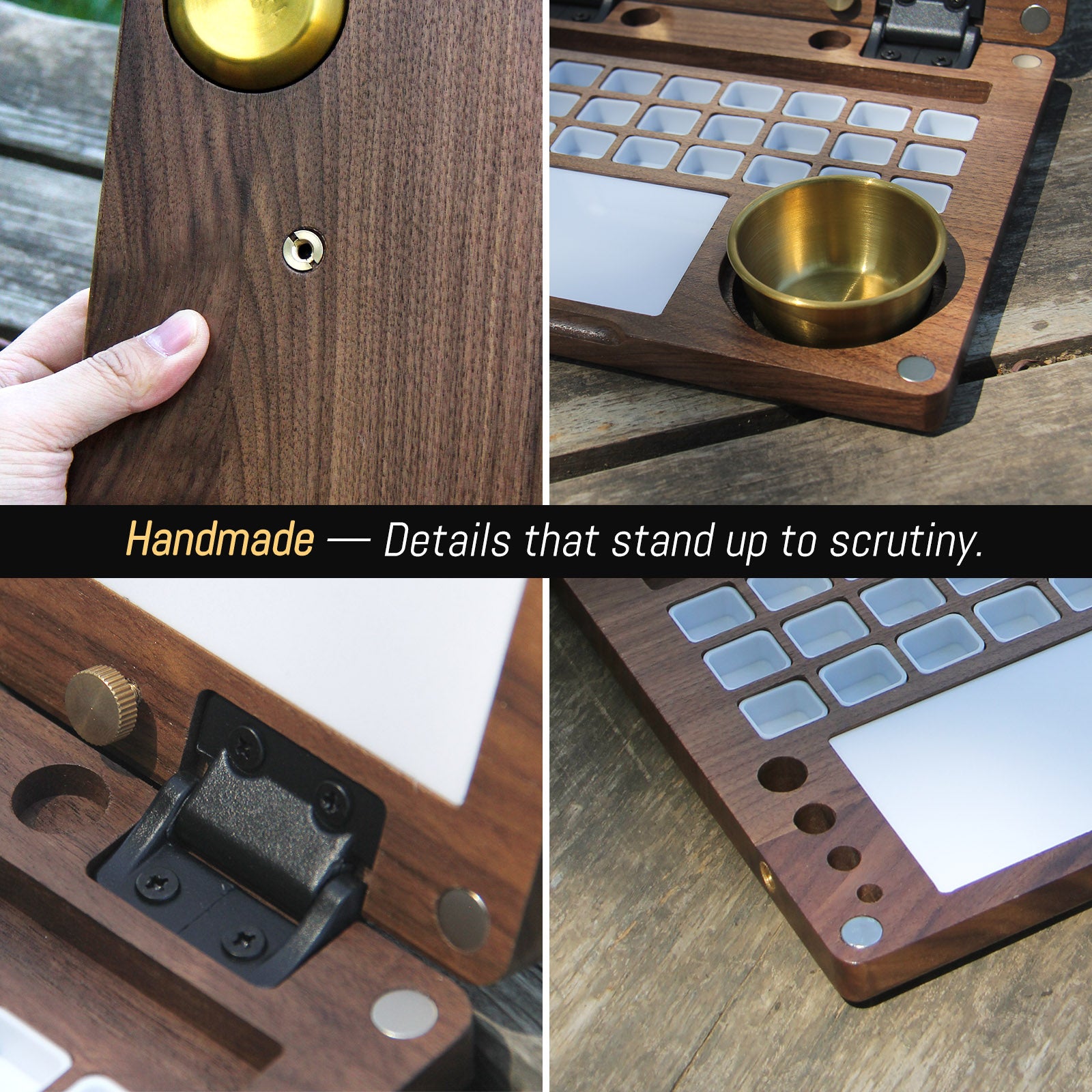 27 Grid Portable Black Walnut Wooden Watercolor Palette, Travel Paint Tray with Mixing Area & Brush Wash Canister, Detachable Grid for Multi-Paint, Brown (No Paint & Stand)