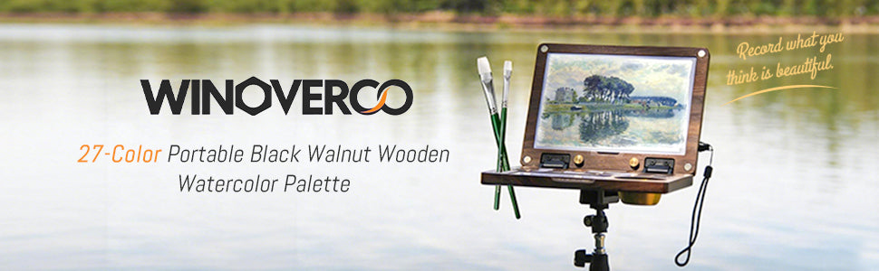 27 Grid Portable Black Walnut Wooden Watercolor Palette, Travel Paint Tray with Mixing Area & Brush Wash Canister, Detachable Grid for Multi-Paint, Brown (No Paint & Stand)