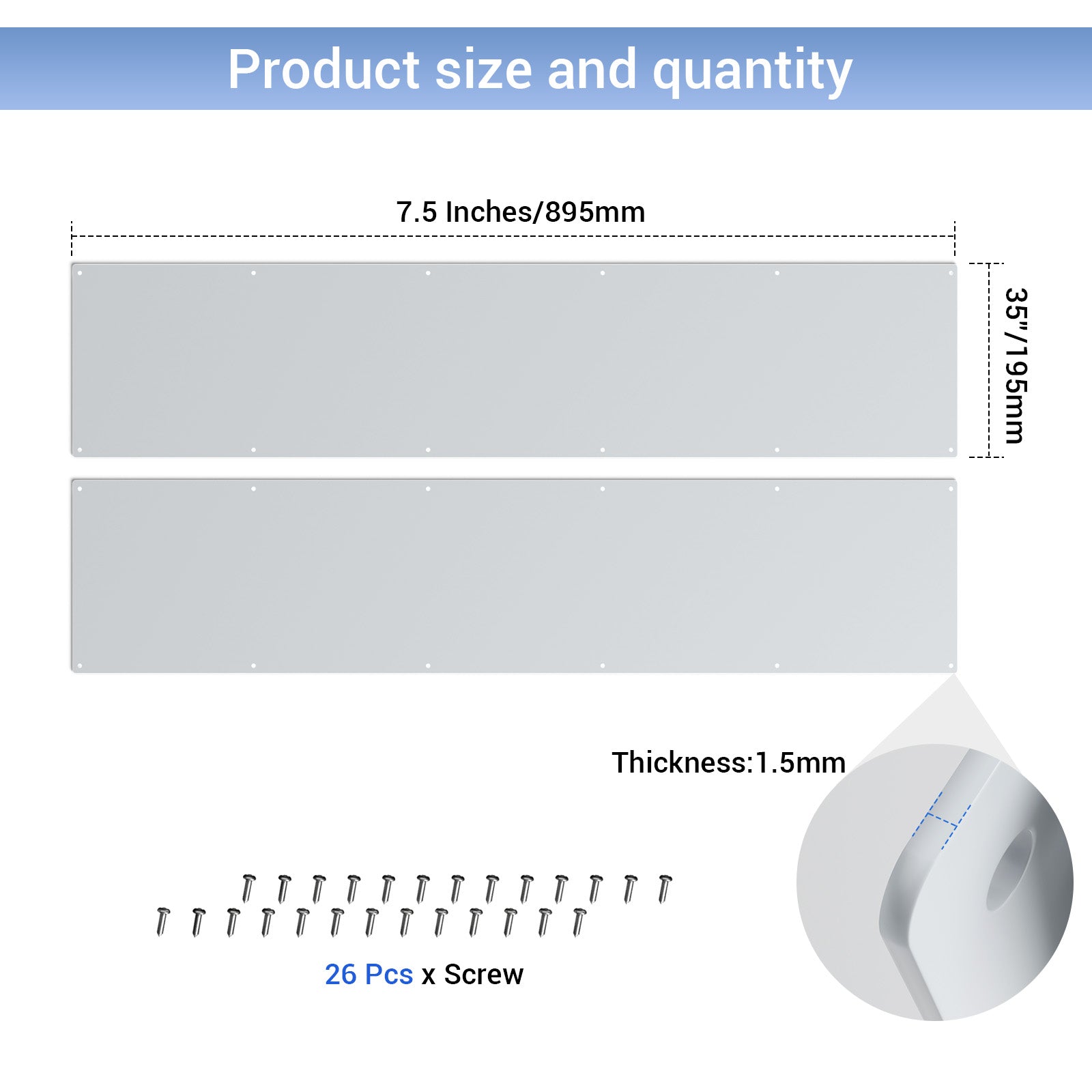 2 Pcs Metal Door Kick Plates 7.5 x 35 Inches 1.5mm Thickness Rounded Corners for Exterior Interior Doors Protection Decor Galvanized Iron Sheet Door Push Plate Silver