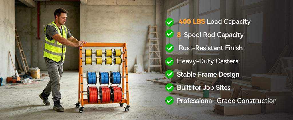 Wire Spool Rack with Tool Box, Heavy Duty 8-Rod Adjustable Cable Dispenser with Locking Wheels, 400LB Capacity Wire Holder Organizer for Electrical, Industrial and Retail Use