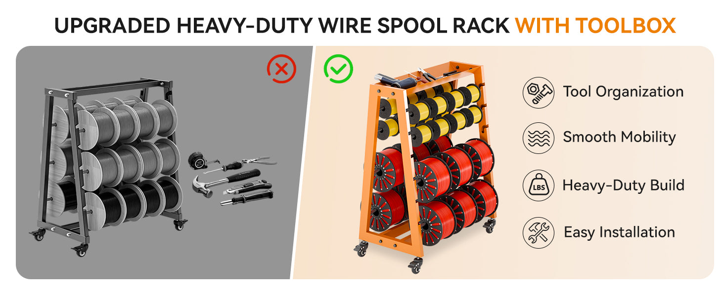 Wire Spool Rack with Tool Box, Heavy Duty 8-Rod Adjustable Cable Dispenser with Locking Wheels, 400LB Capacity Wire Holder Organizer for Electrical, Industrial and Retail Use
