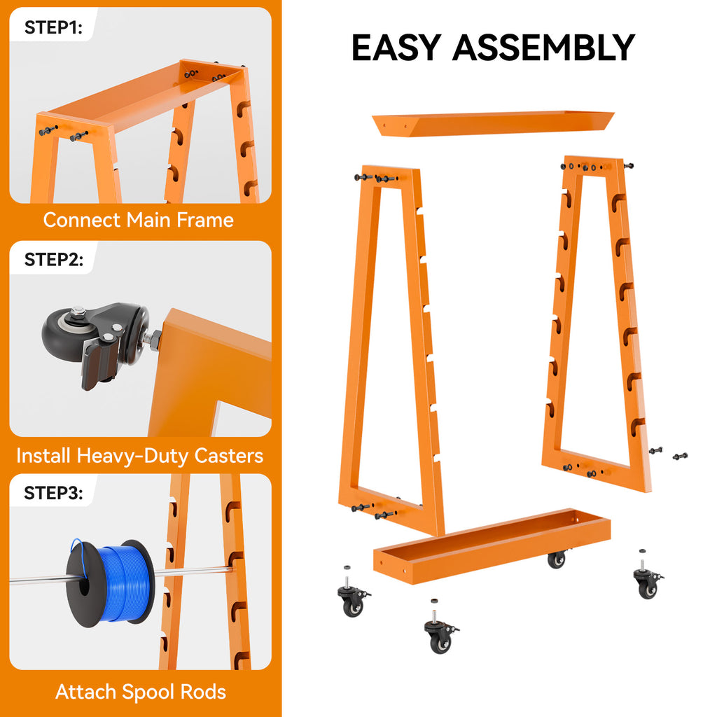 Wire Spool Rack with Tool Box, Heavy Duty 8-Rod Adjustable Cable Dispenser with Locking Wheels, 400LB Capacity Wire Holder Organizer for Electrical, Industrial and Retail Use