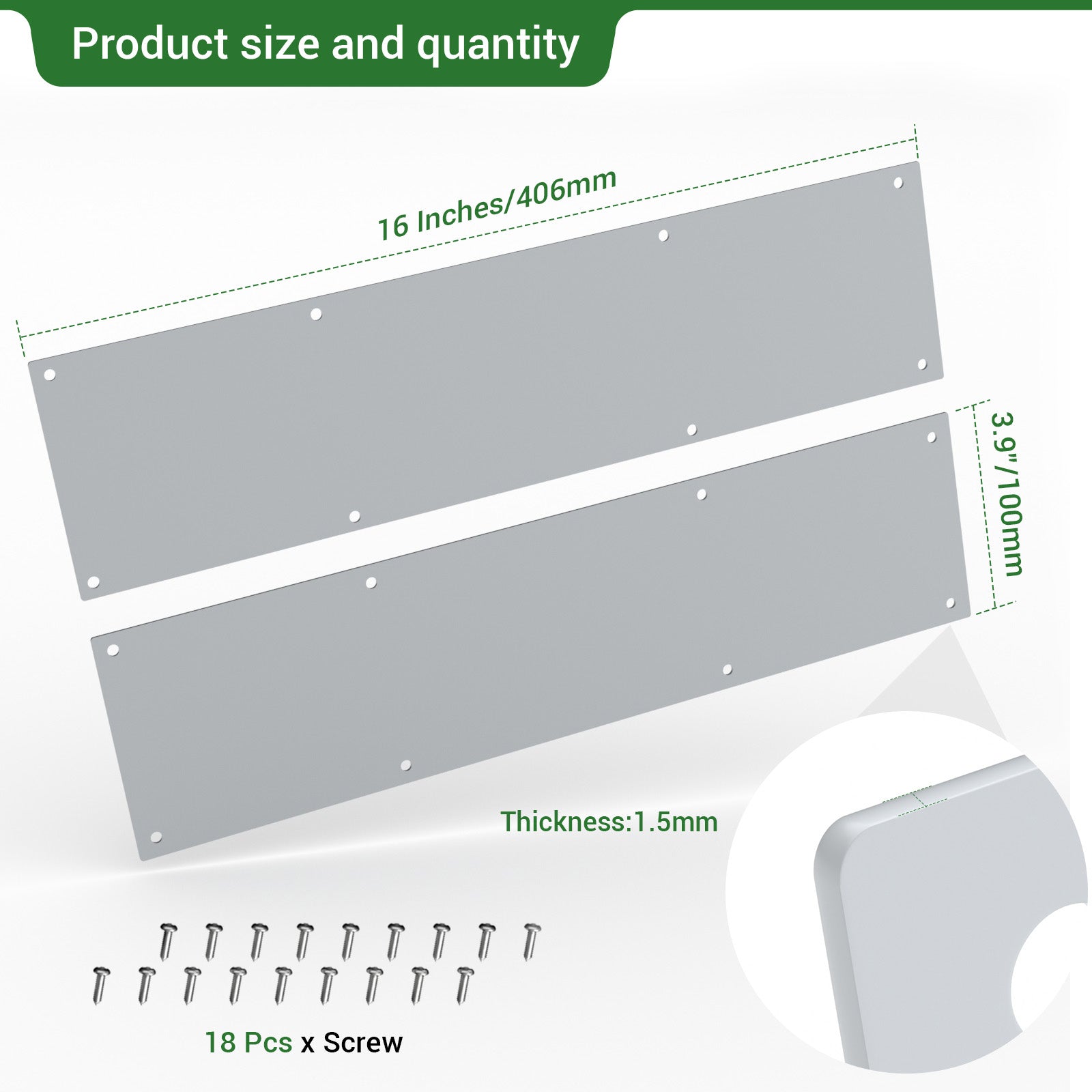Door Push Plate, 2 Pack Metal Kickplate for Bottom of Door,4x16 inch Anti Scratch Door Protector Rounded Corners for Interior Exterior Doors Galvanized Iron Sheet Silver