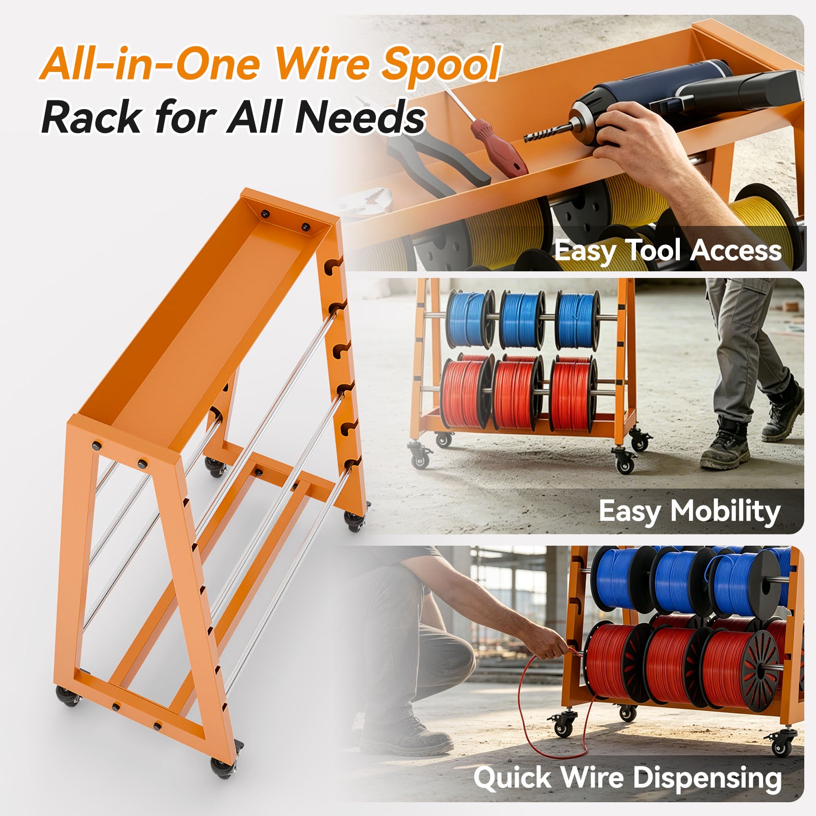 Wire Spool Rack with Tool Box, Heavy Duty 8-Rod Adjustable Cable Dispenser with Locking Wheels, 400LB Capacity Wire Holder Organizer for Electrical, Industrial and Retail Use