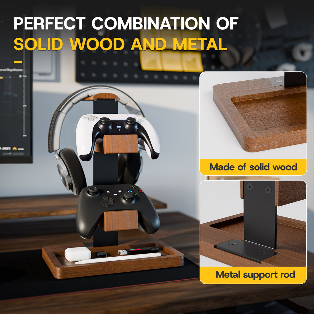 Controller Holder Solid Wood Headphone Stand for Desk Dual Gaming Controller Organizer Rack with Storage Base Fits Xbox, PS4, PS5, Gamepad