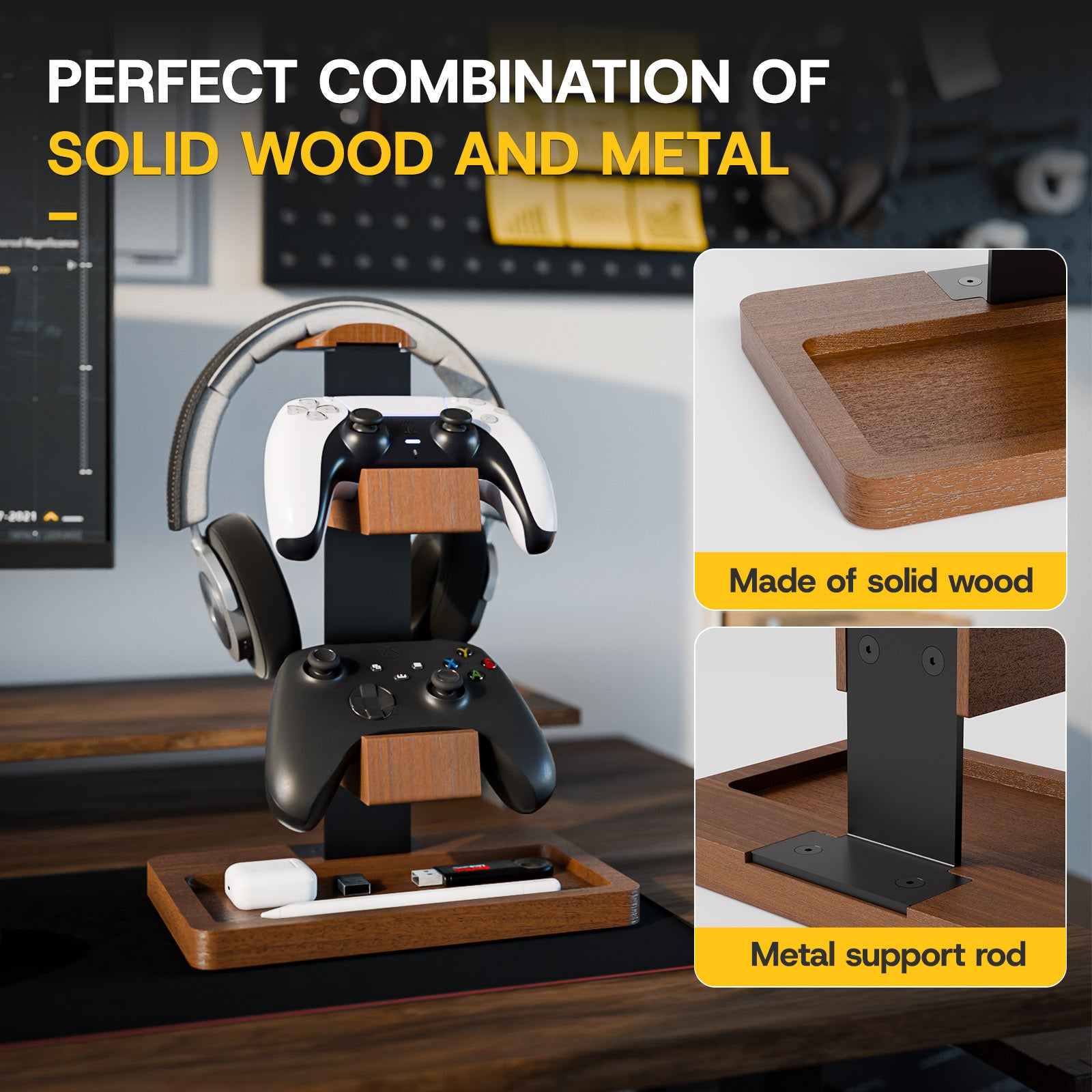 Controller Holder Solid Wood Headphone Stand for Desk Dual Gaming Controller Organizer Rack with Storage Base Fits Xbox, PS4, PS5, Gamepad