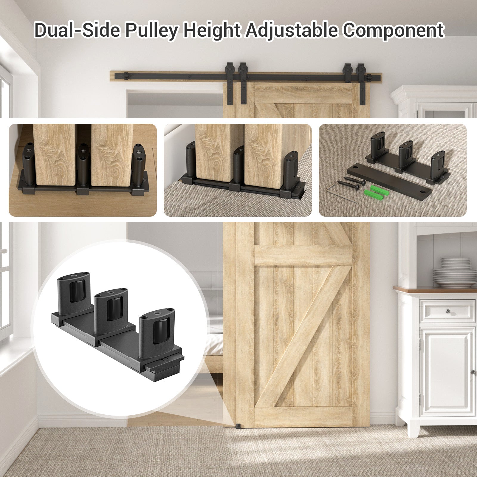 Sliding Closet Door Floor Guide with Riser Plate, Adjustable Bypass Door Guide, Upgraded 3-Roller Design – Black, 1 Pack